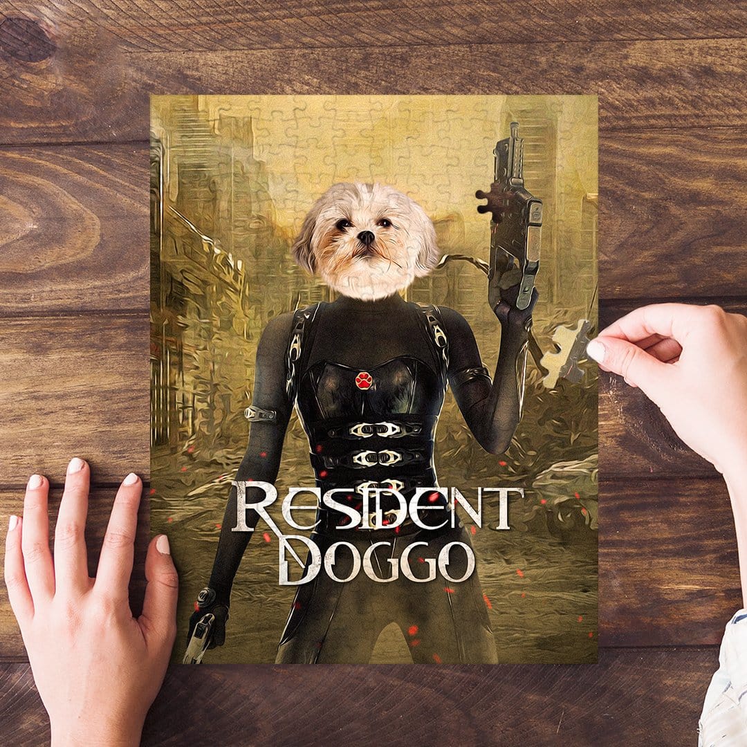 Personalized 'Resident Doggo' puzzle featuring a Shih Tzu's head on a video game character's body.