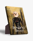 Personalized 'Resident Doggo' standing canvas featuring a Shih Tzu's head on a character in a black outfit.