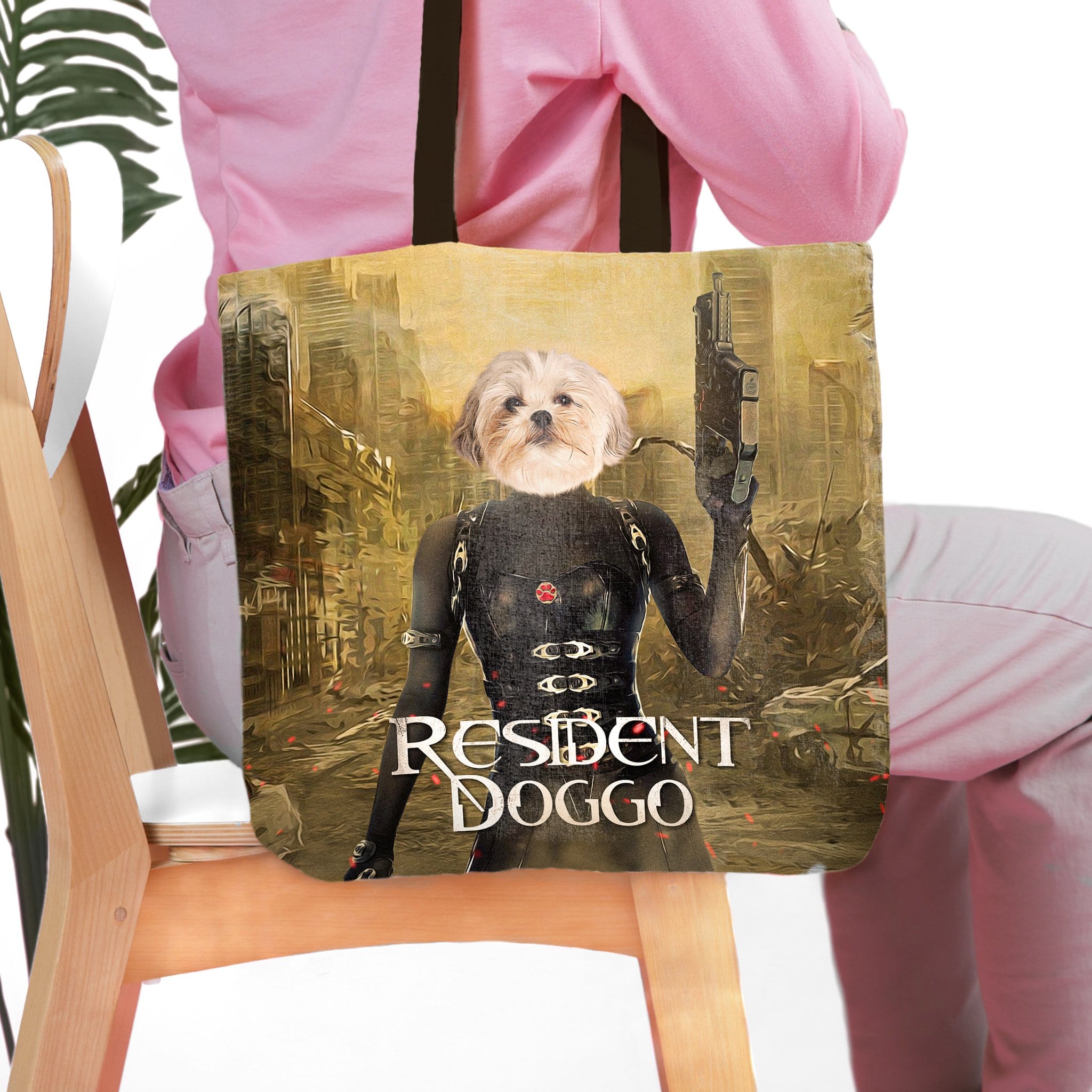 Personalized tote bag with a Shih Tzu pet portrait in a "Resident Doggo" action movie style.