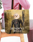 Personalized tote bag with a Shih Tzu pet portrait in a "Resident Doggo" action movie style.