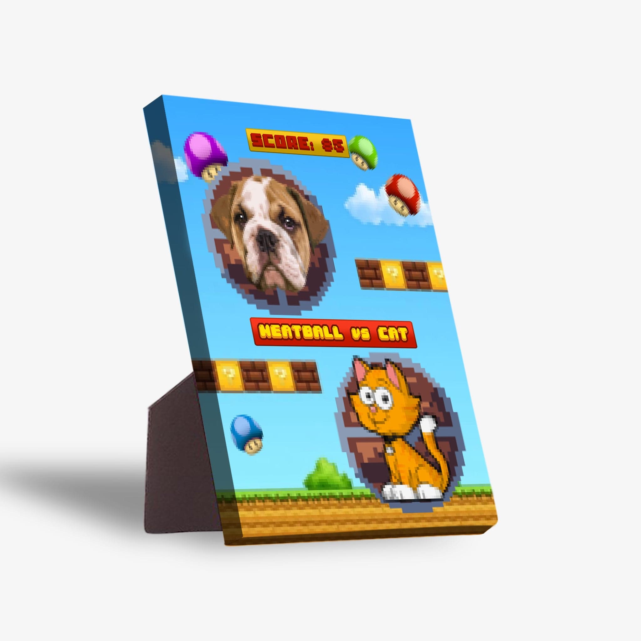 Retro video game personalized pet standing canvas featuring a bulldog and cat in pixel art.