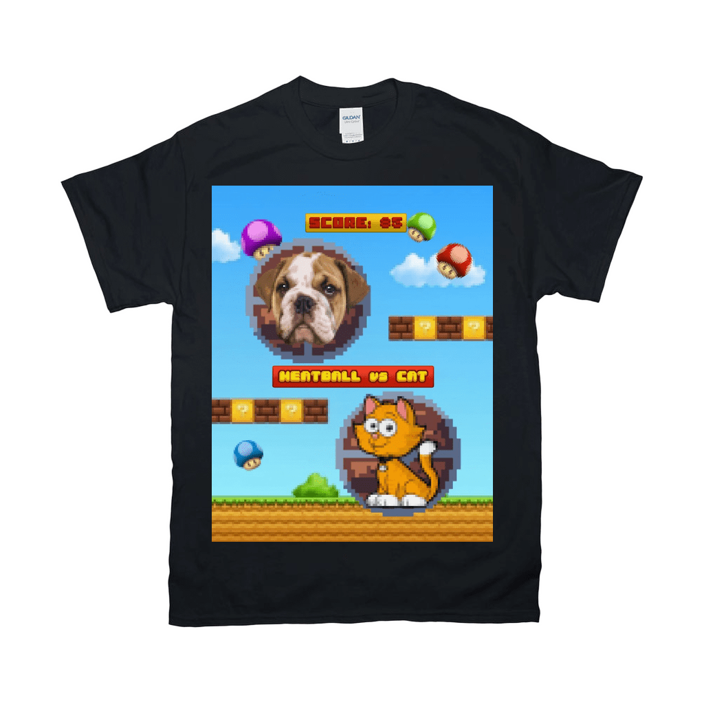 Black Gildan t-shirt with a pixelated retro video game design featuring a bulldog and a cat.