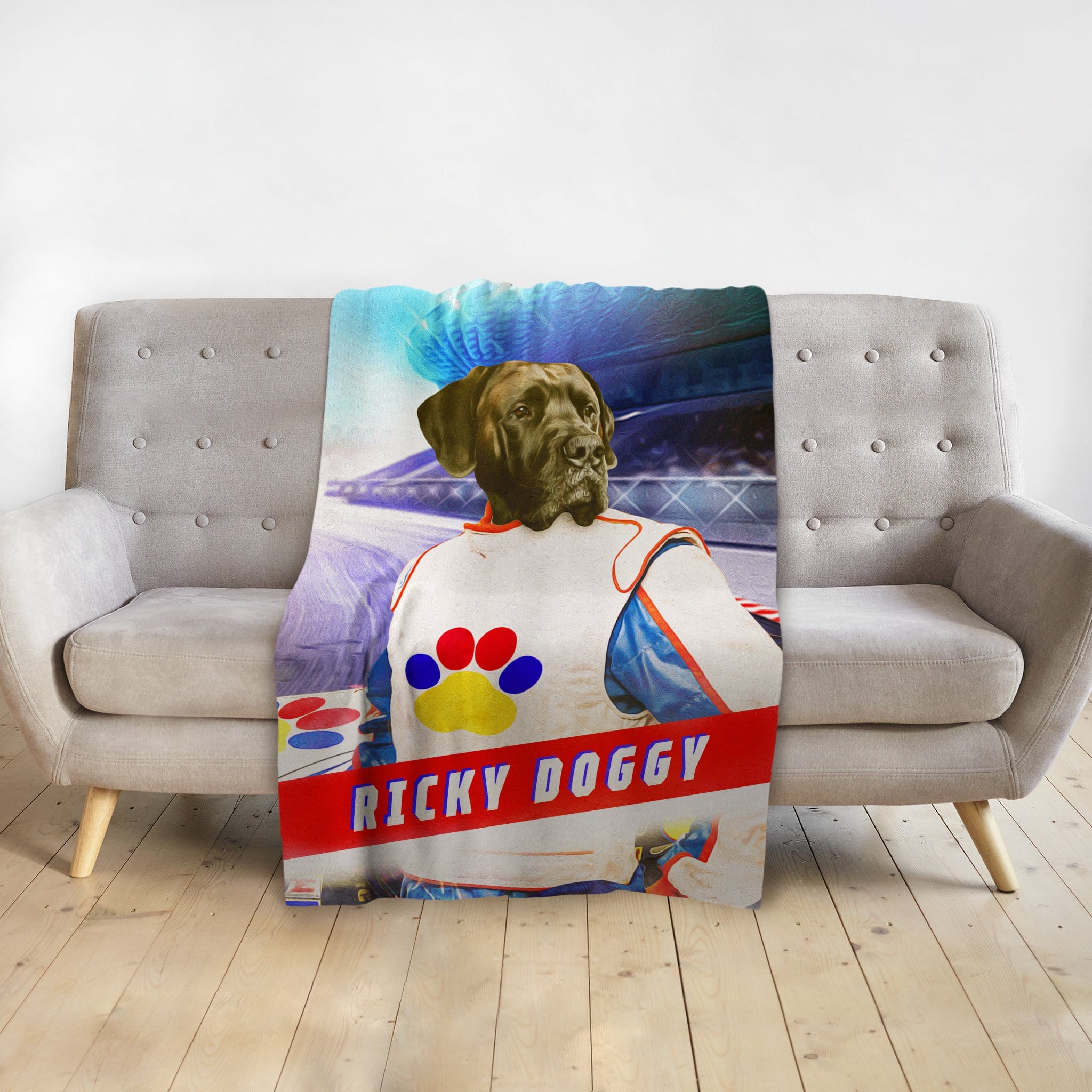 Personalized minky blanket with a custom Doggovinci portrait of a dog in a race car driver suit.