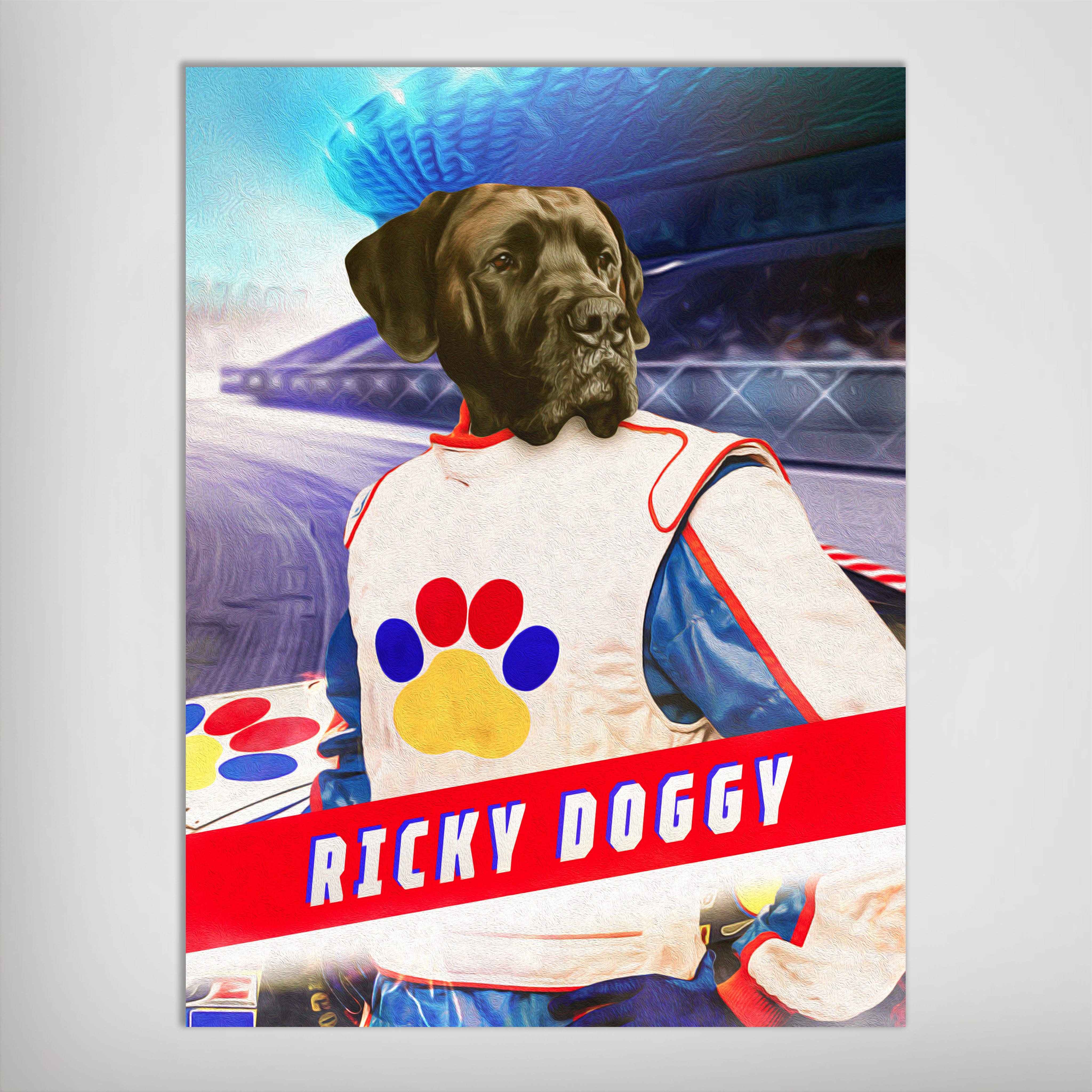 Personalized "Ricky Doggy" pet poster featuring a dark dog in a white, blue, and red race suit.
