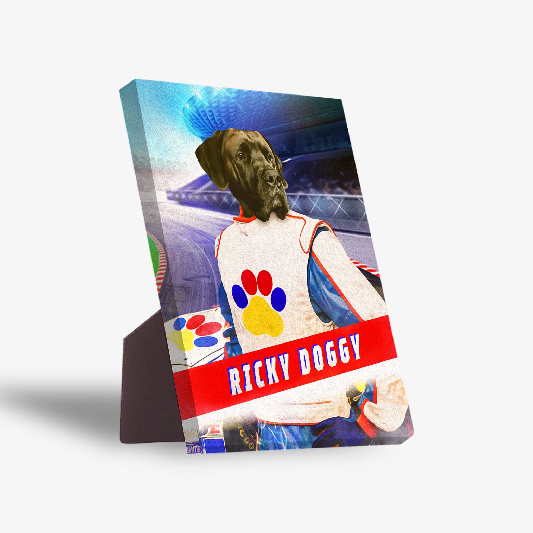 Personalized 'Ricky Doggy' pet standing canvas featuring a dog in a white, blue, and red race suit.