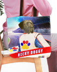 Personalized 'Ricky Doggy' tote bag with a Great Dane pet portrait in a race car driver suit.