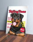 Custom 'Rolling Bone' canvas featuring a Rottweiler on a magazine cover, leaning against a white wall.
