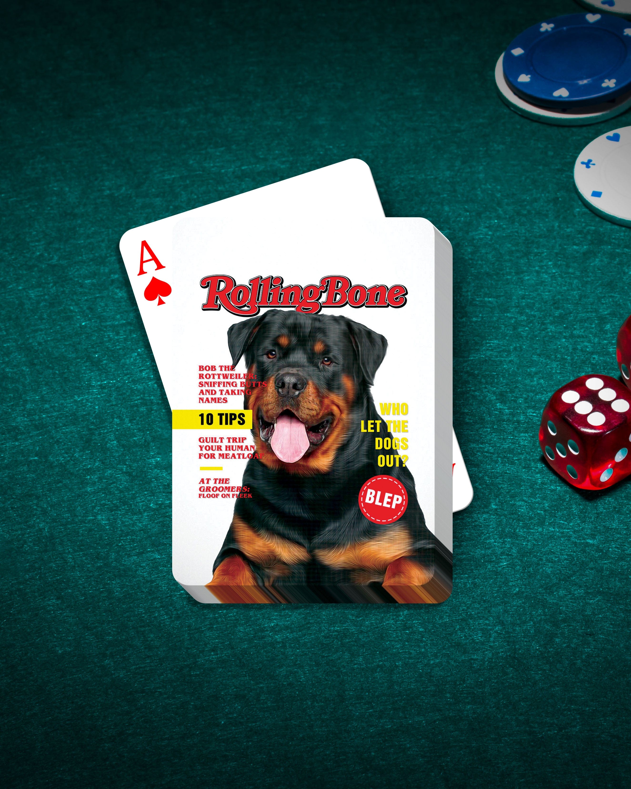 Custom pet portrait playing cards featuring a Rottweiler on a Rolling Bone magazine cover design.