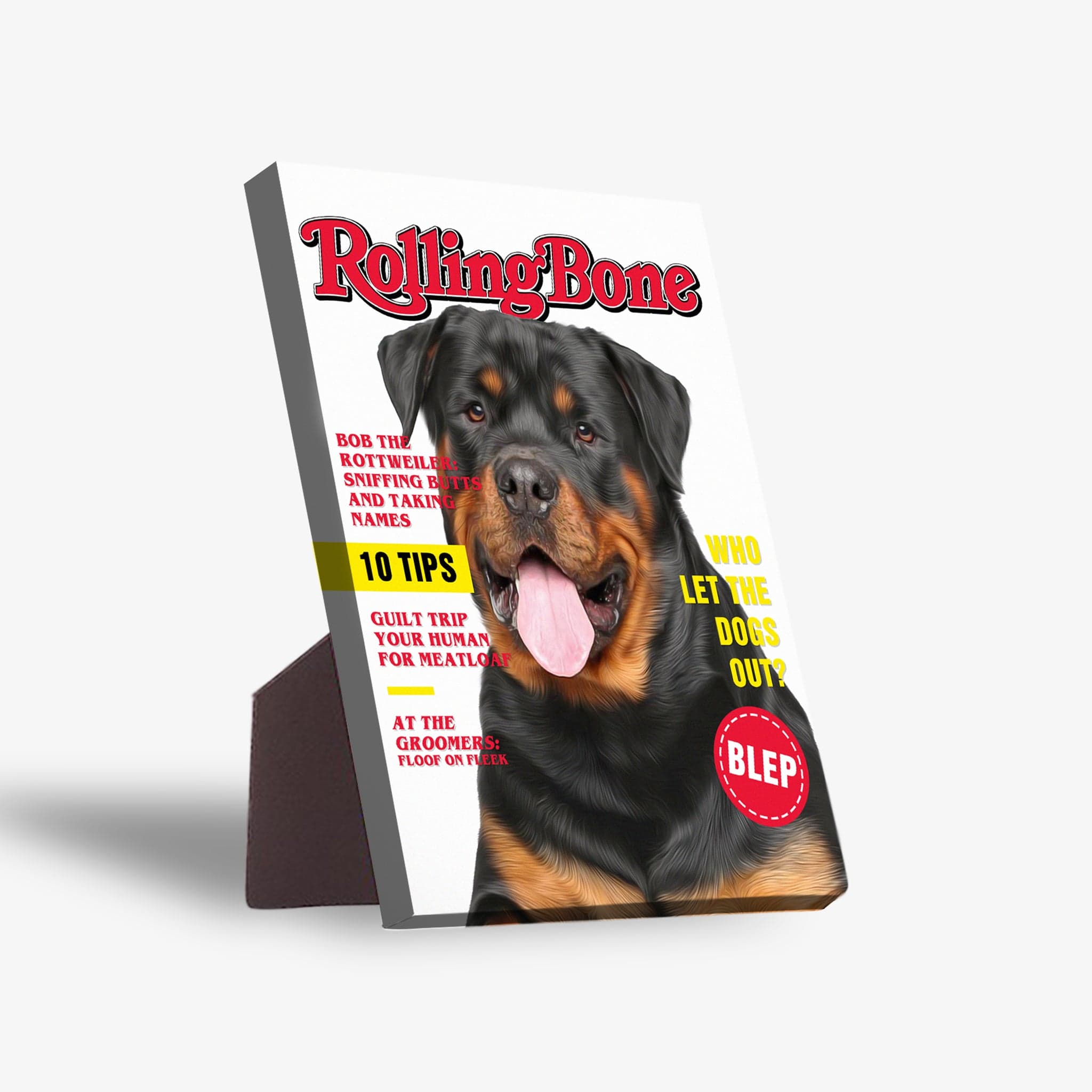 Personalized 'Rolling Bone' standing canvas featuring a Rottweiler on a magazine cover design.