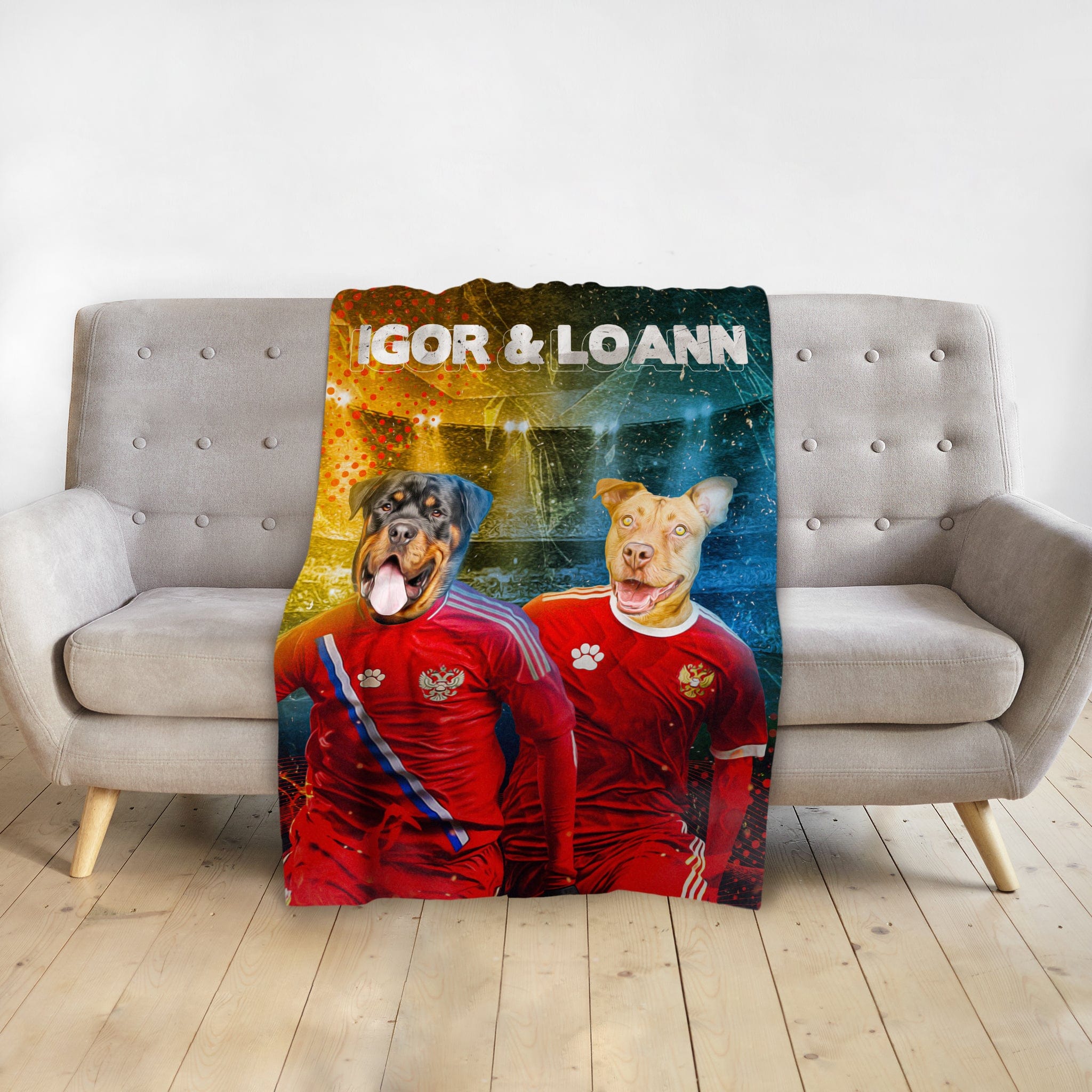 Personalized pet blanket with two dogs in Russian soccer uniforms, "Igor &amp; Loann" text.
