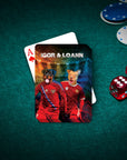 Personalized playing card with two dogs in red soccer jerseys, named Igor & Loann, on a green felt table.