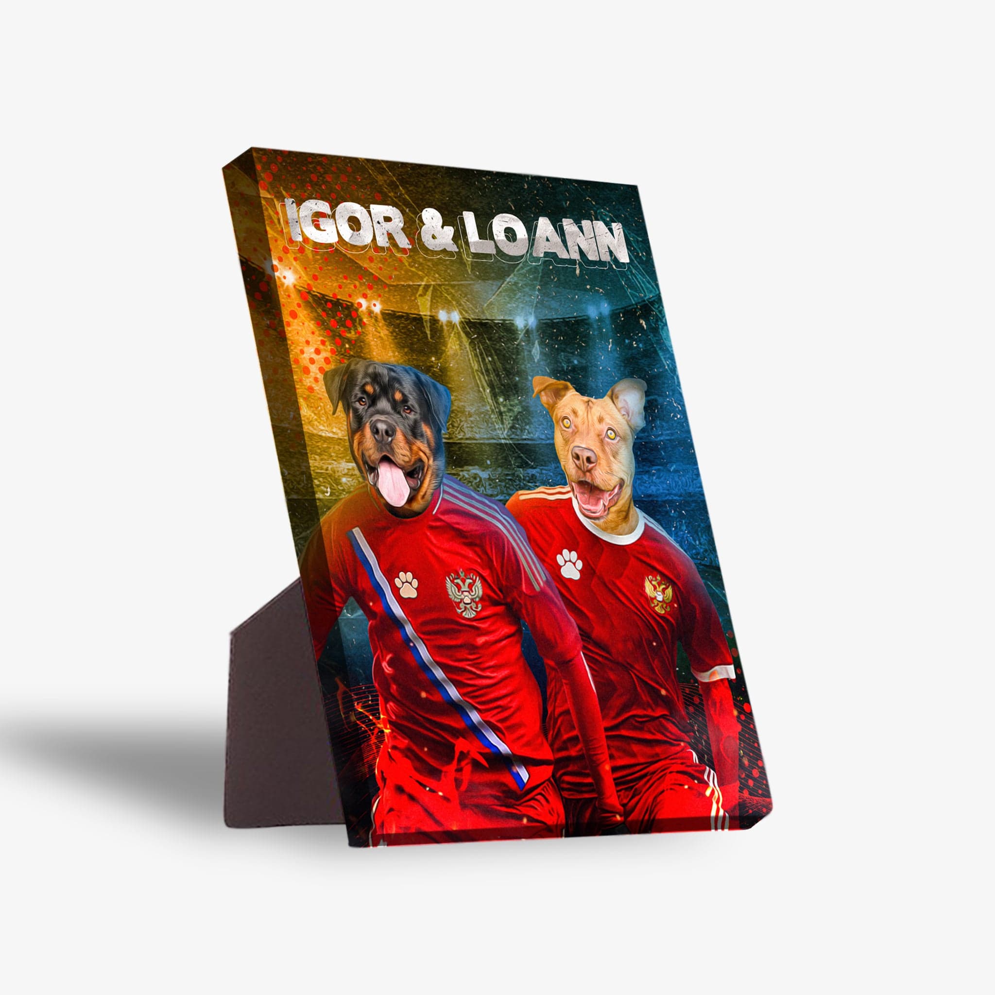 Personalized standing canvas featuring two pets in red Russian soccer jerseys with "IGOR & LOANN" above.