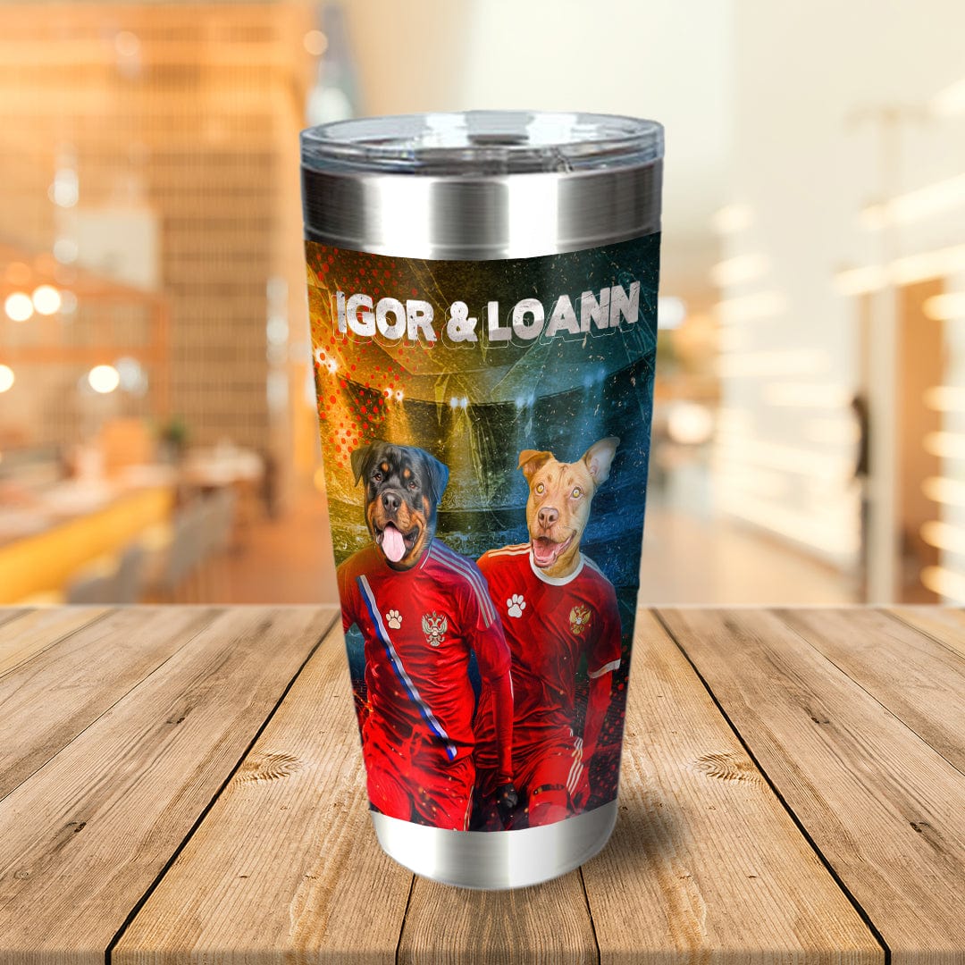 Personalized stainless steel tumbler with two dogs in Russian soccer jerseys, custom names "IGOR & LOANN".