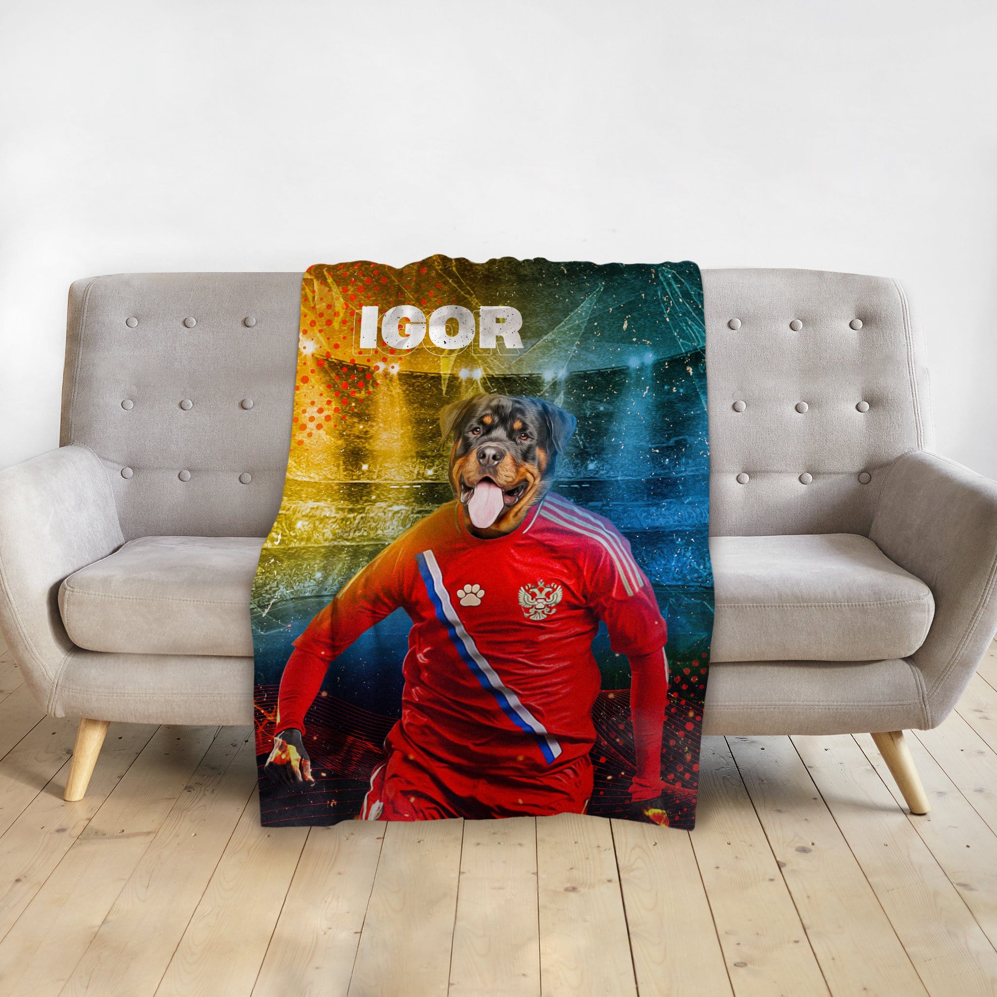 Personalized pet blanket with a Rottweiler dog in a red Russian soccer uniform, named "IGOR".