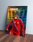 Personalized pet canvas featuring a Rottweiler in a red Russia soccer uniform with "IGOR" above.