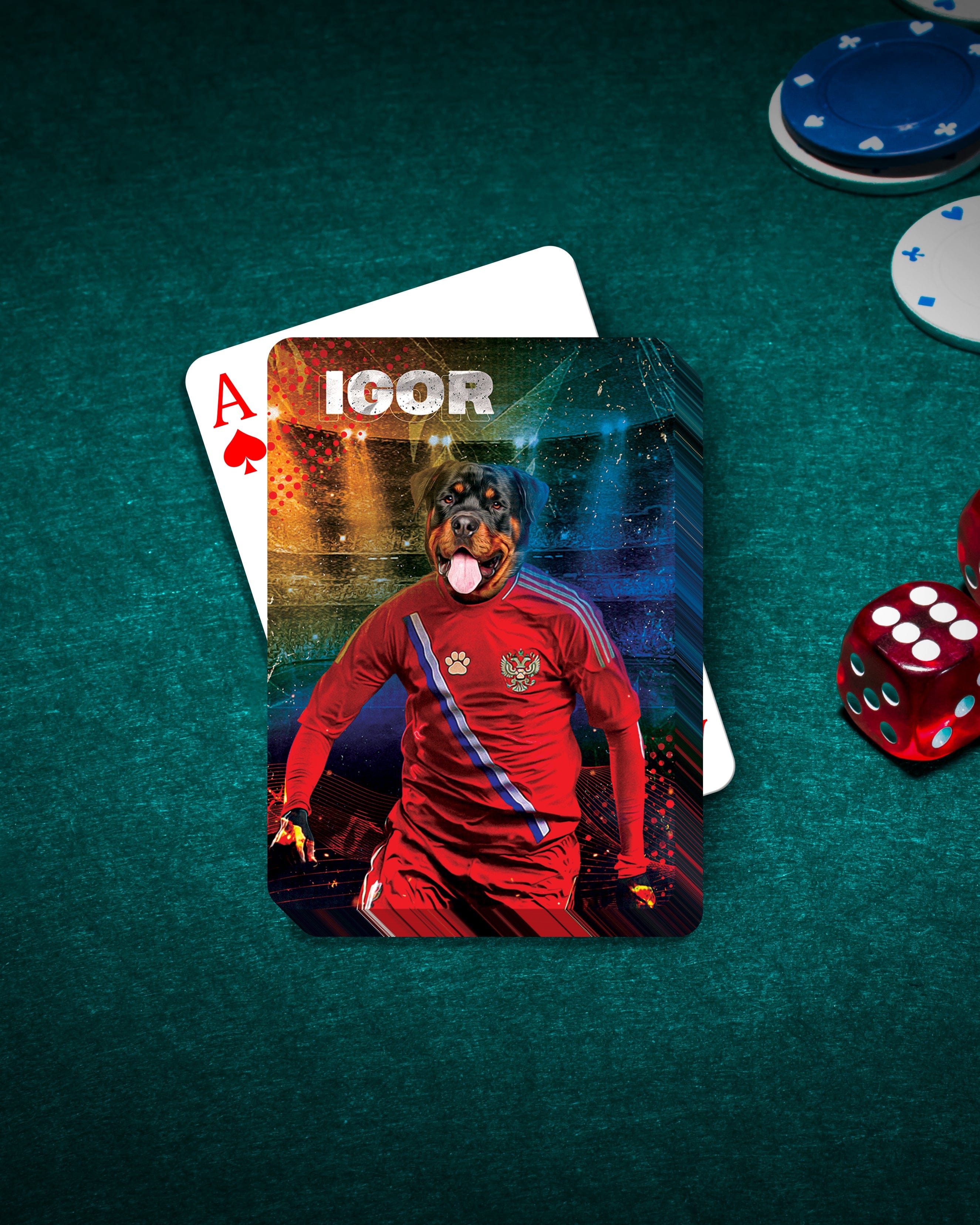 Personalized playing card featuring a Rottweiler in a red Russia soccer jersey.