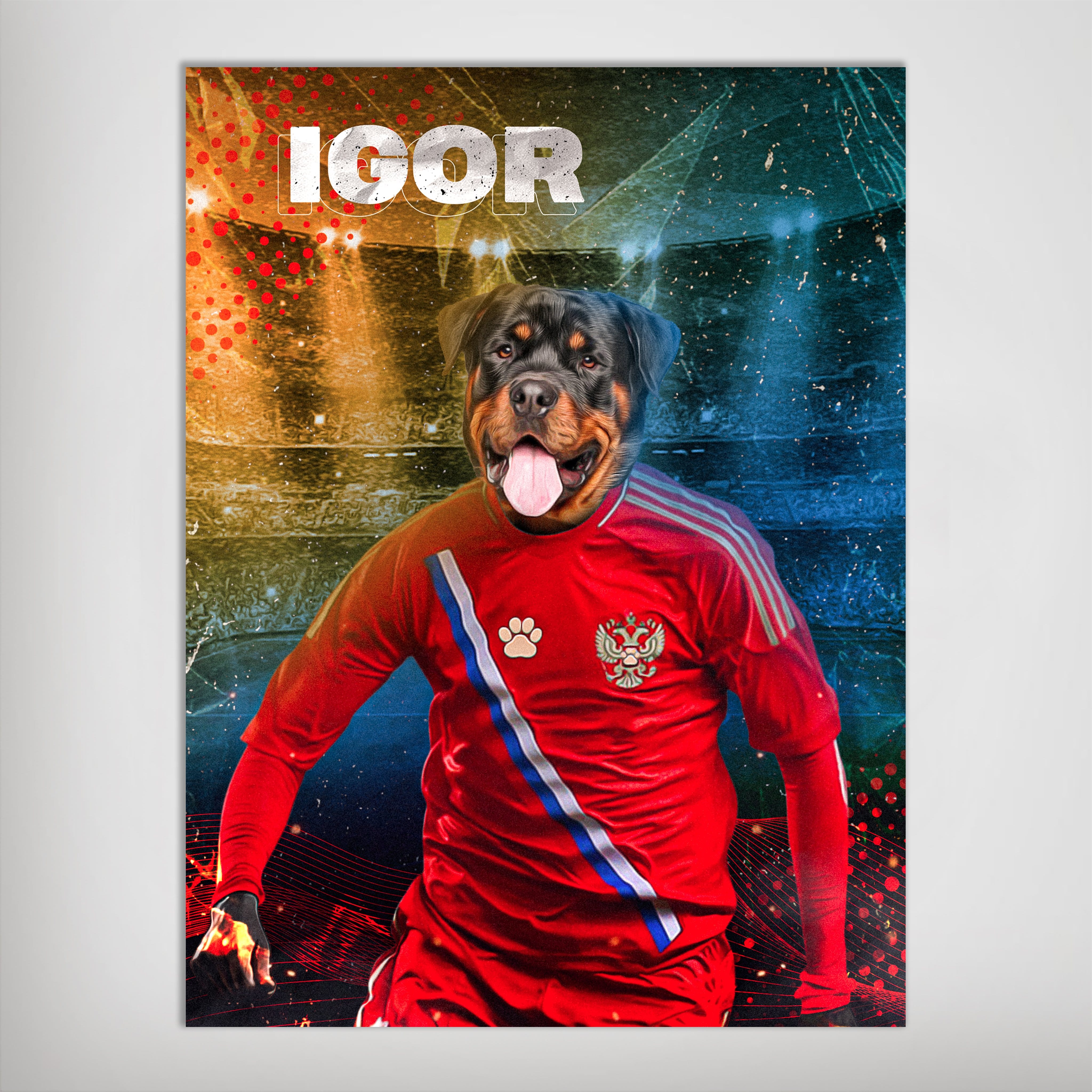 Personalized matte poster featuring a Rottweiler in a red Russia soccer jersey with "IGOR" above.