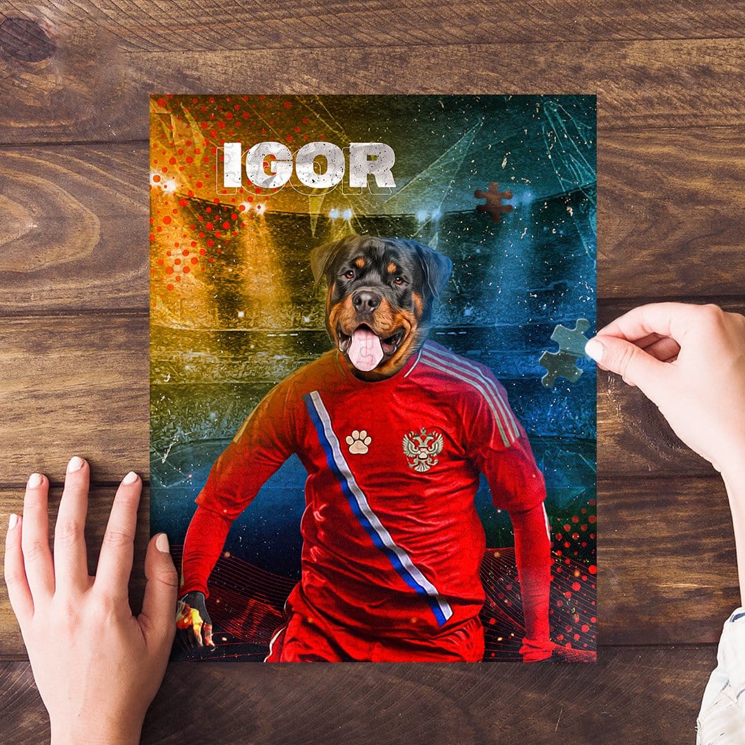 Personalized pet puzzle featuring a Rottweiler in a red Russia soccer jersey, named IGOR.
