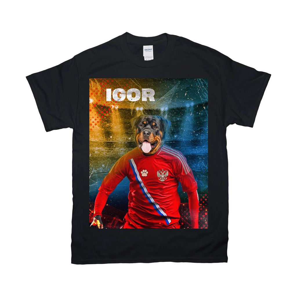 Black Gildan t-shirt with a personalized graphic of a Rottweiler in a red Russian soccer jersey.