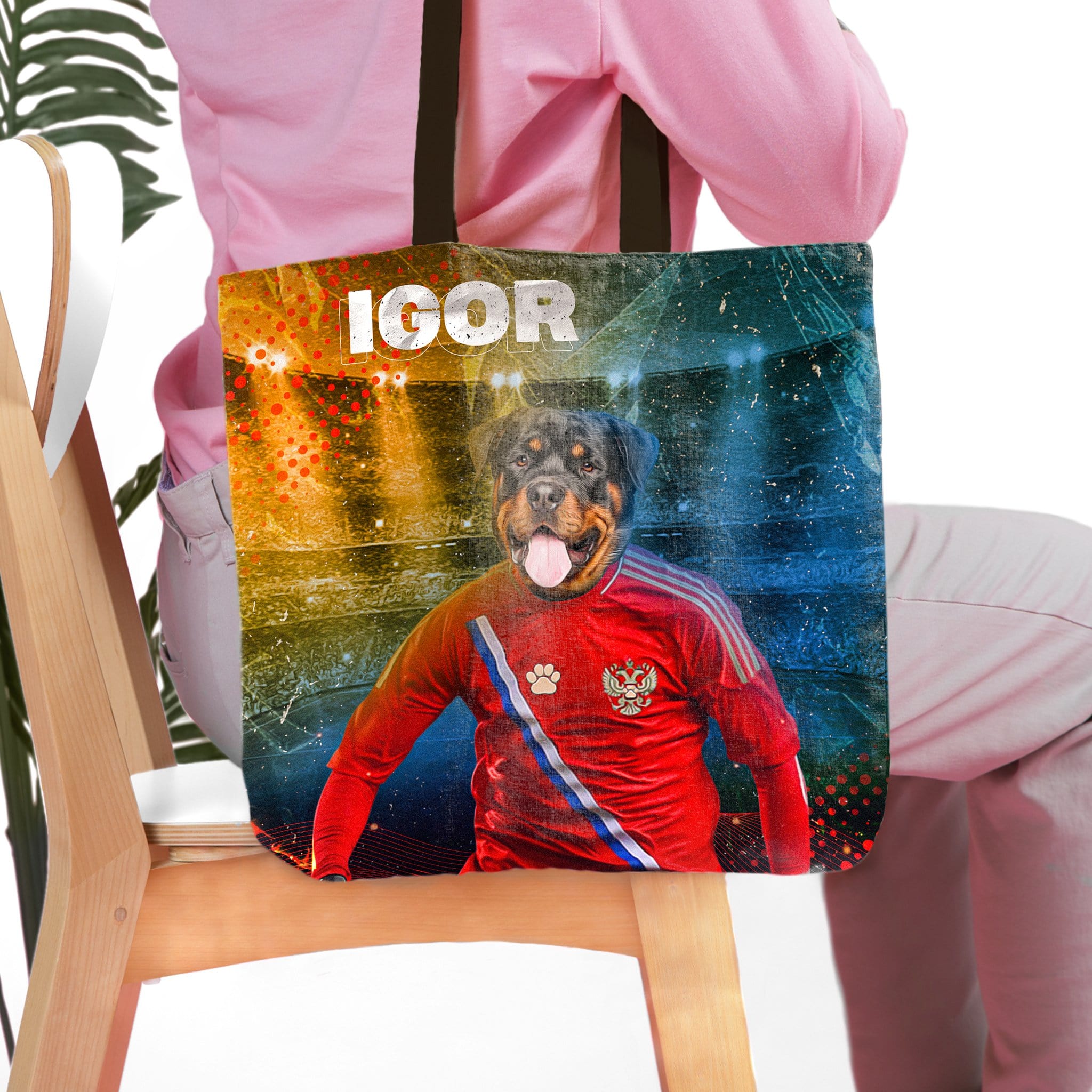 Personalized tote bag featuring a Rottweiler pet portrait in a Russian soccer uniform with "IGOR" above.