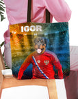 Personalized tote bag featuring a Rottweiler pet portrait in a Russian soccer uniform with "IGOR" above.