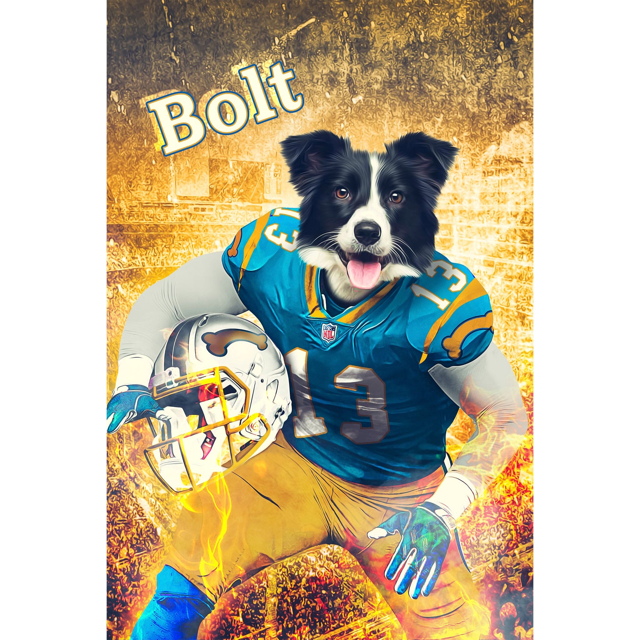Personalized digital portrait of a Border Collie dog in a San Diego Chargers football uniform.