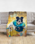 Personalized pet blanket with a Doggovinci portrait of a border collie in a football uniform.