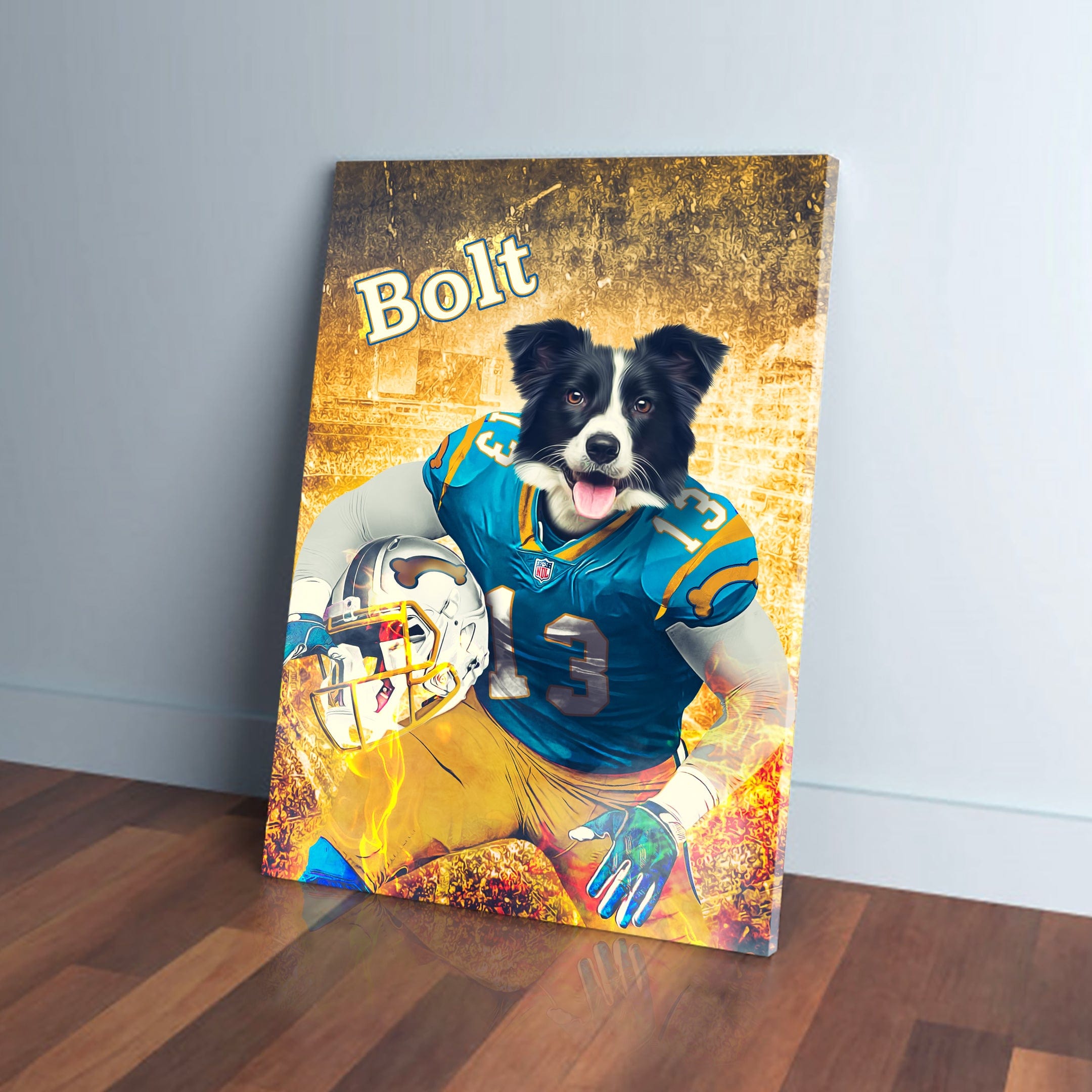 Personalized pet canvas featuring a Border Collie in a blue and yellow football uniform, holding a helmet.