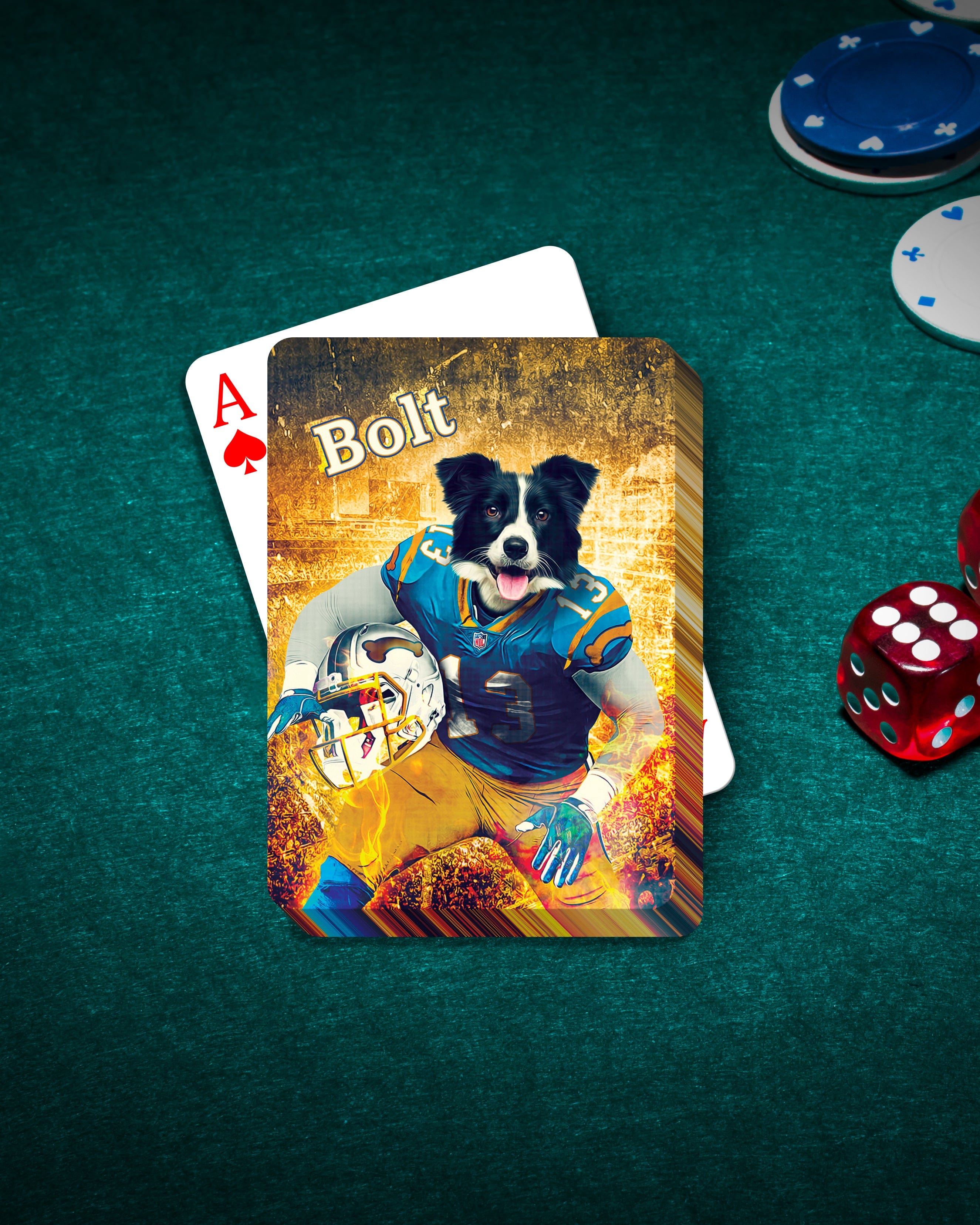 Personalized San Diego Doggos playing card featuring a custom dog portrait in a football uniform.
