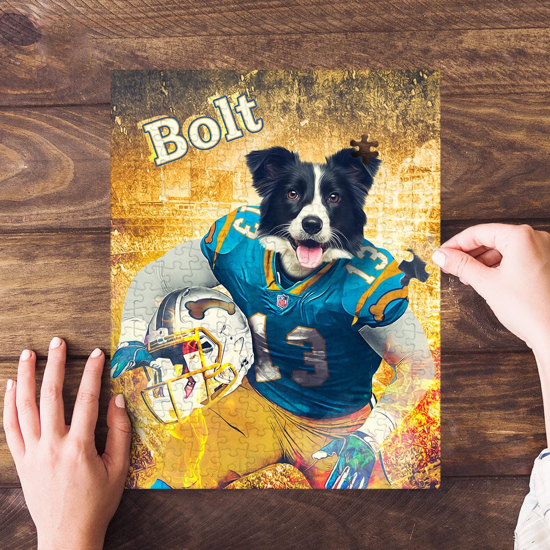 Personalized San Diego Doggos puzzle featuring a Border Collie in a football uniform.
