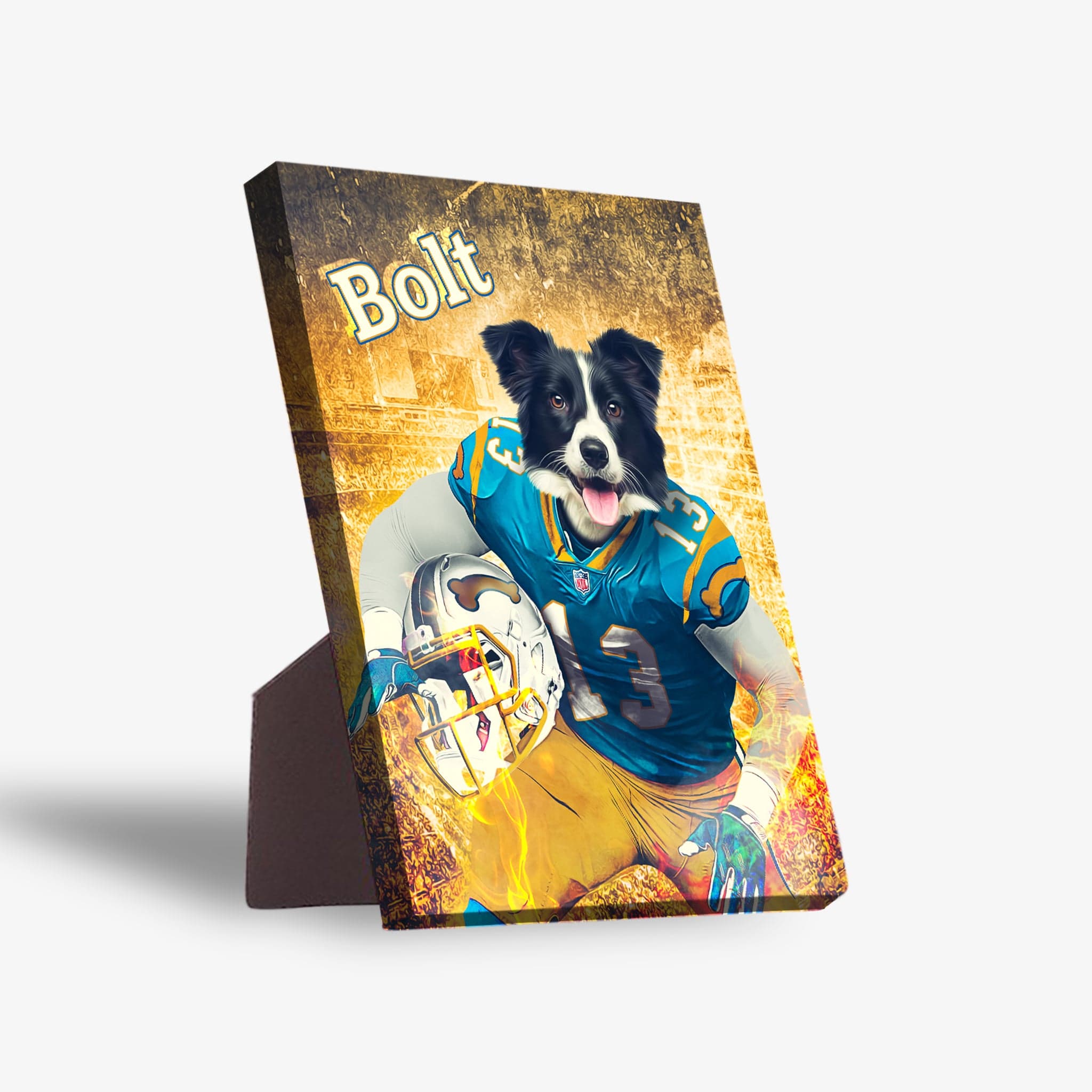 Personalized pet standing canvas featuring a Border Collie in a blue and yellow football uniform, holding a helmet.