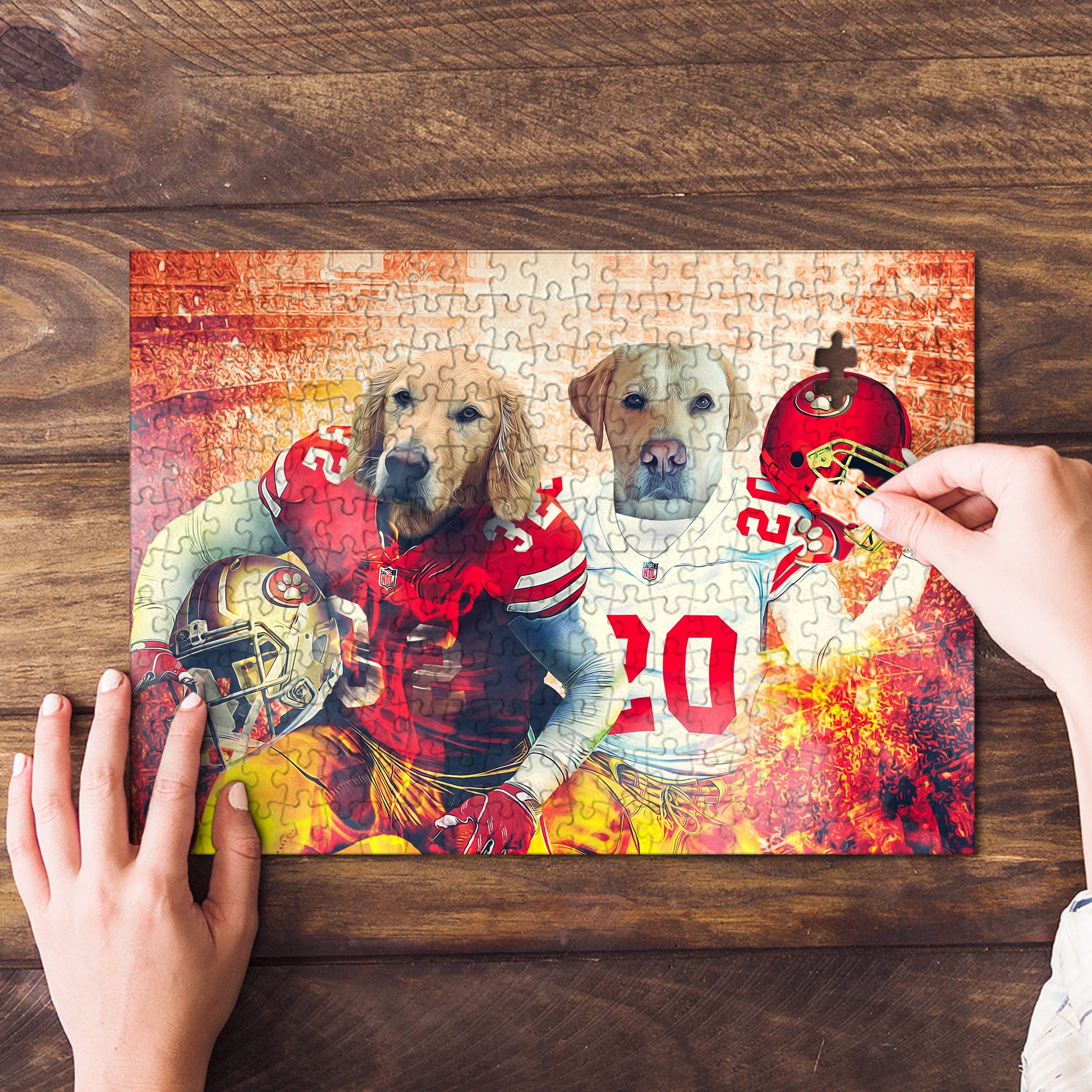 Personalized 2-pet puzzle featuring dogs in San Francisco 49ers football uniforms, on a wooden table.