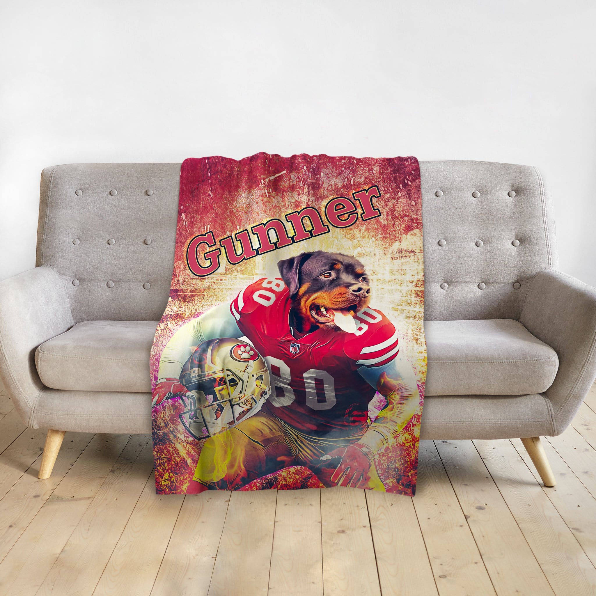 Personalized pet blanket featuring a Rottweiler in a San Francisco 49ers football uniform, named Gunner.