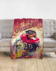 Personalized pet blanket featuring a Rottweiler in a San Francisco 49ers football uniform, named Gunner.
