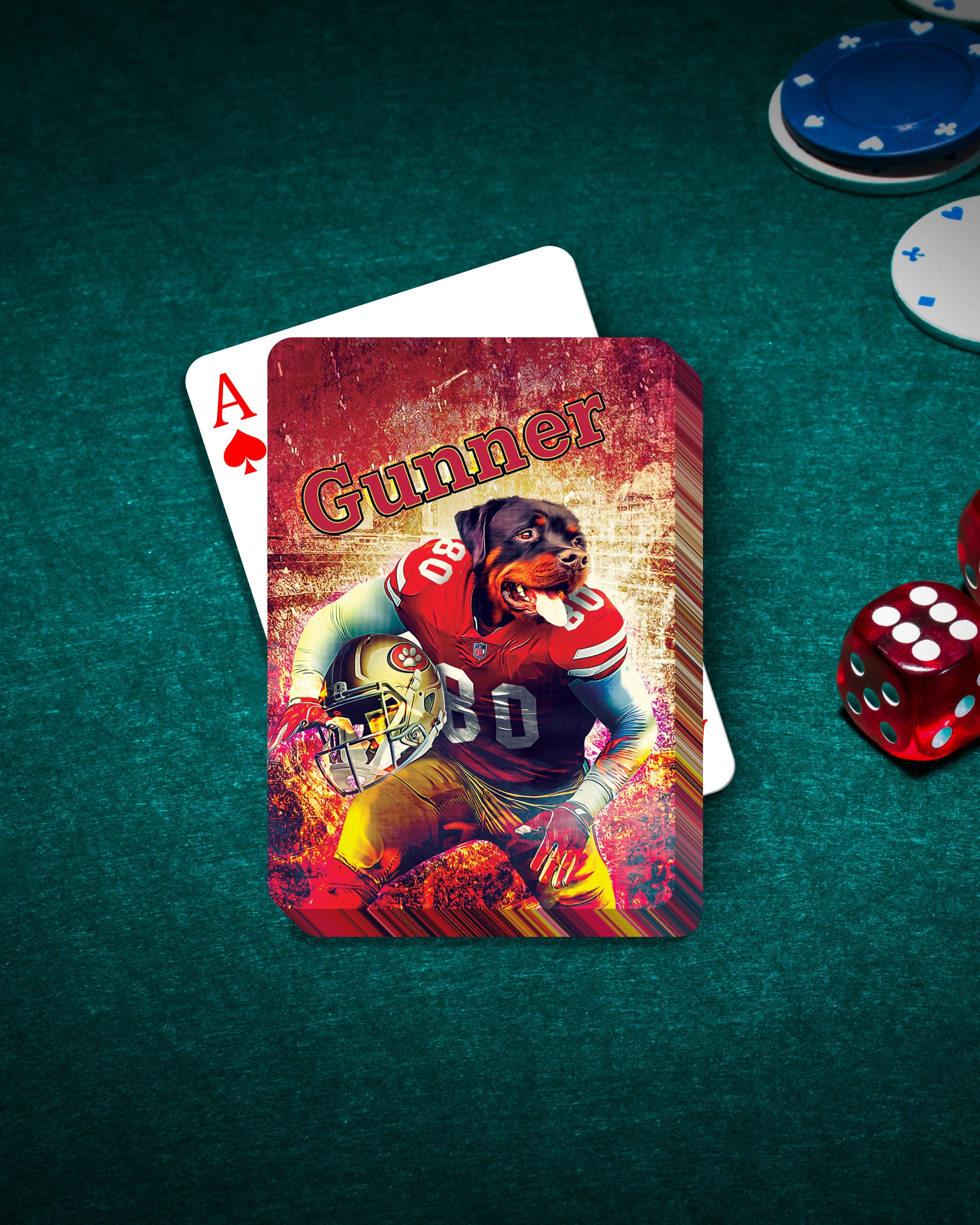 Personalized San Francisco 40Doggos playing card featuring a custom Rottweiler pet portrait in a football uniform.