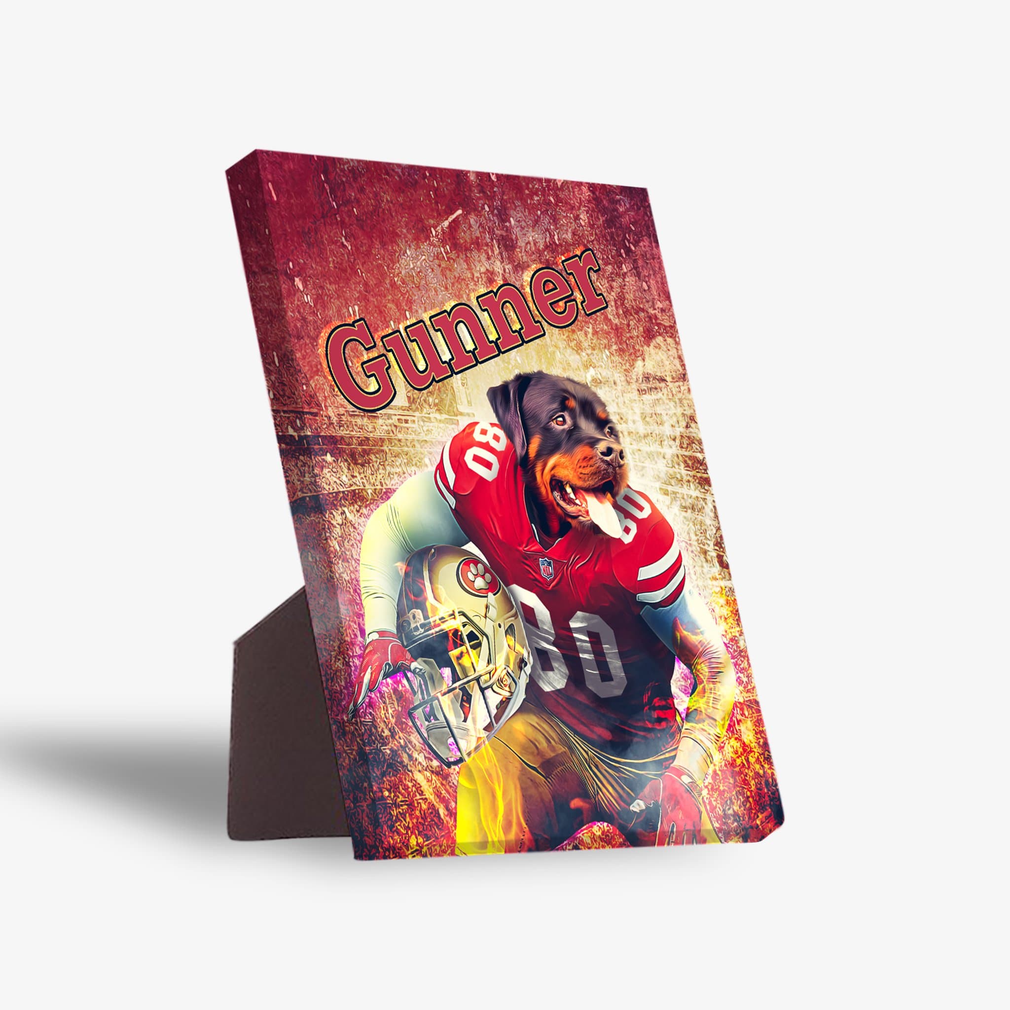 Personalized San Francisco 40Doggos standing canvas featuring a Rottweiler in a red football jersey and helmet.