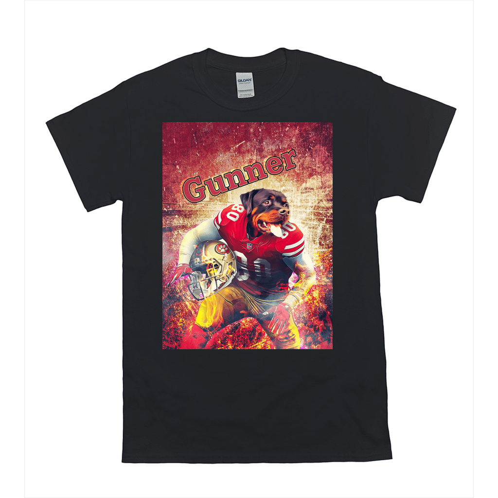 Black Gildan t-shirt featuring a Rottweiler in a red 49ers football uniform holding a helmet, with "Gunner" above.