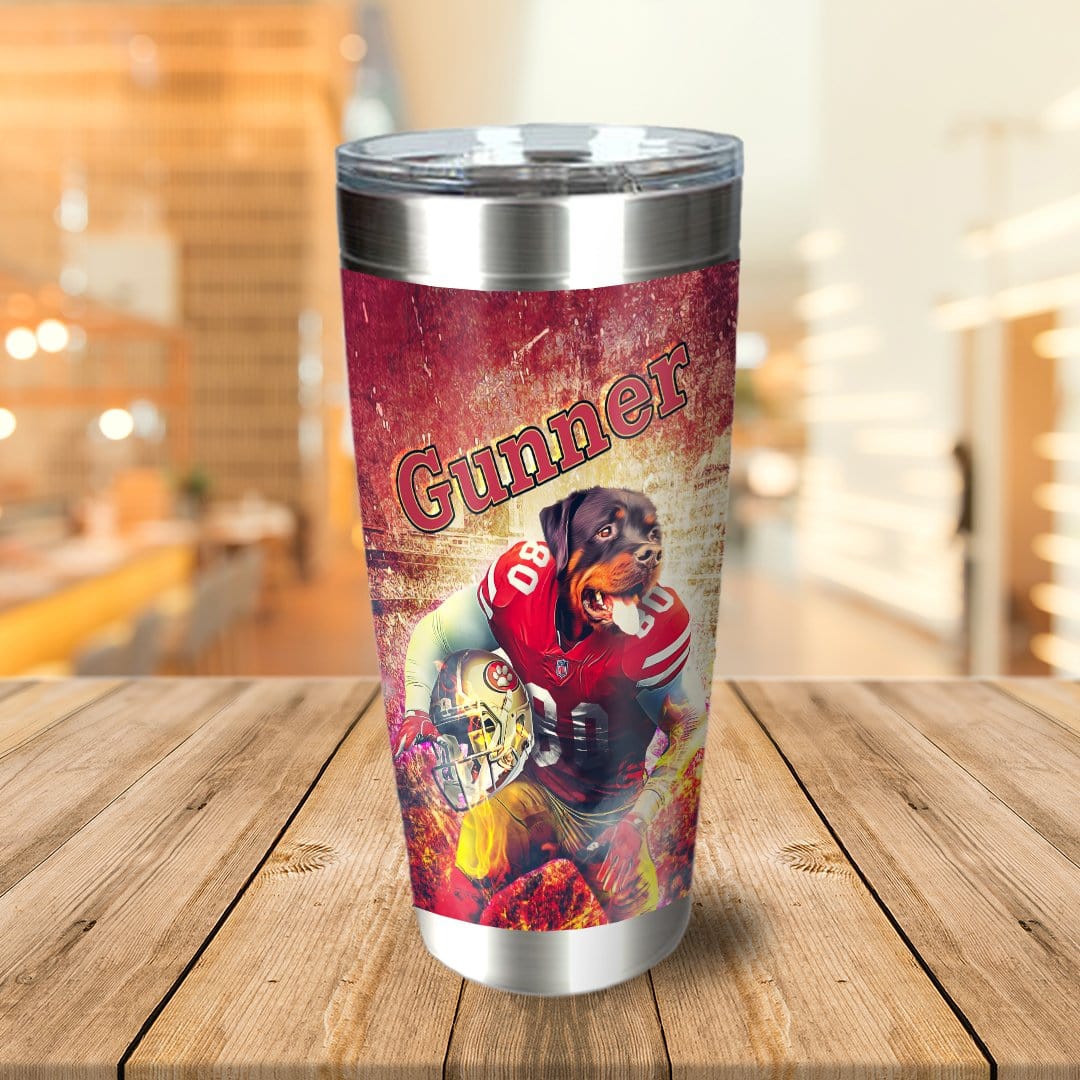 Personalized stainless steel tumbler with a Rottweiler dog in a San Francisco 49ers football uniform.