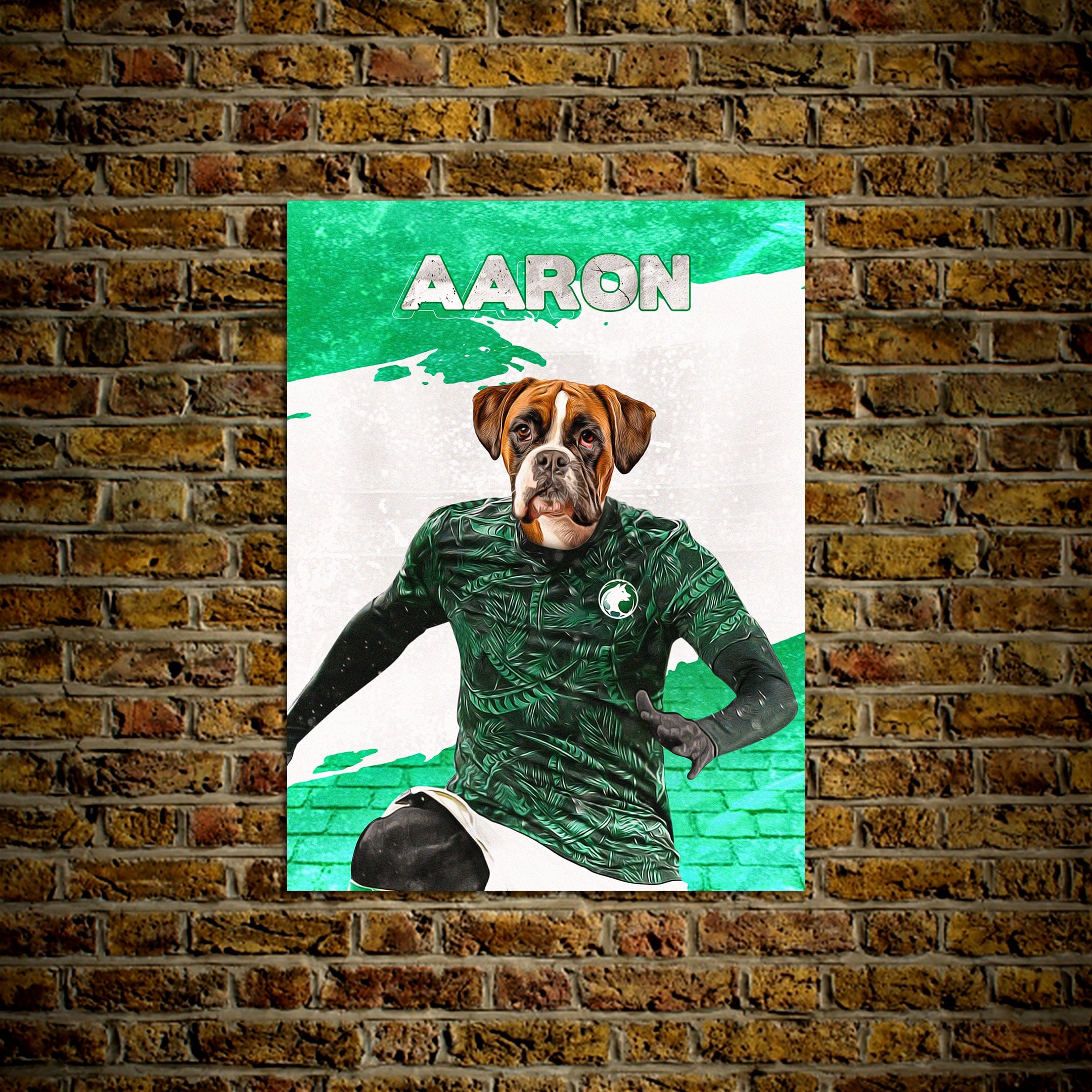Personalized pet poster featuring a boxer dog's head on a soccer player in a green Saudi Arabia jersey.