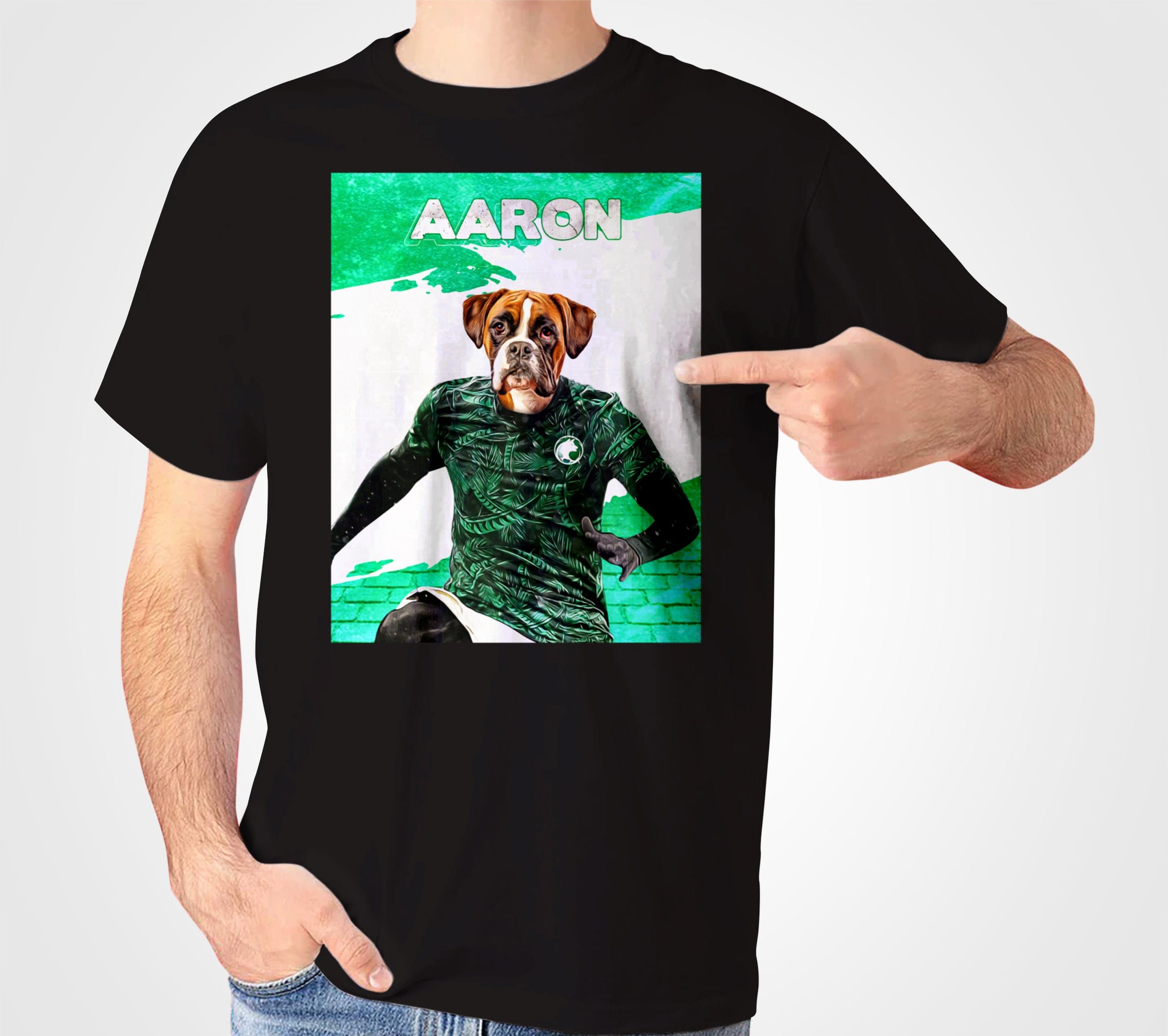 Black Gildan t-shirt with a personalized graphic of a boxer dog in a green Saudi Arabia soccer jersey.