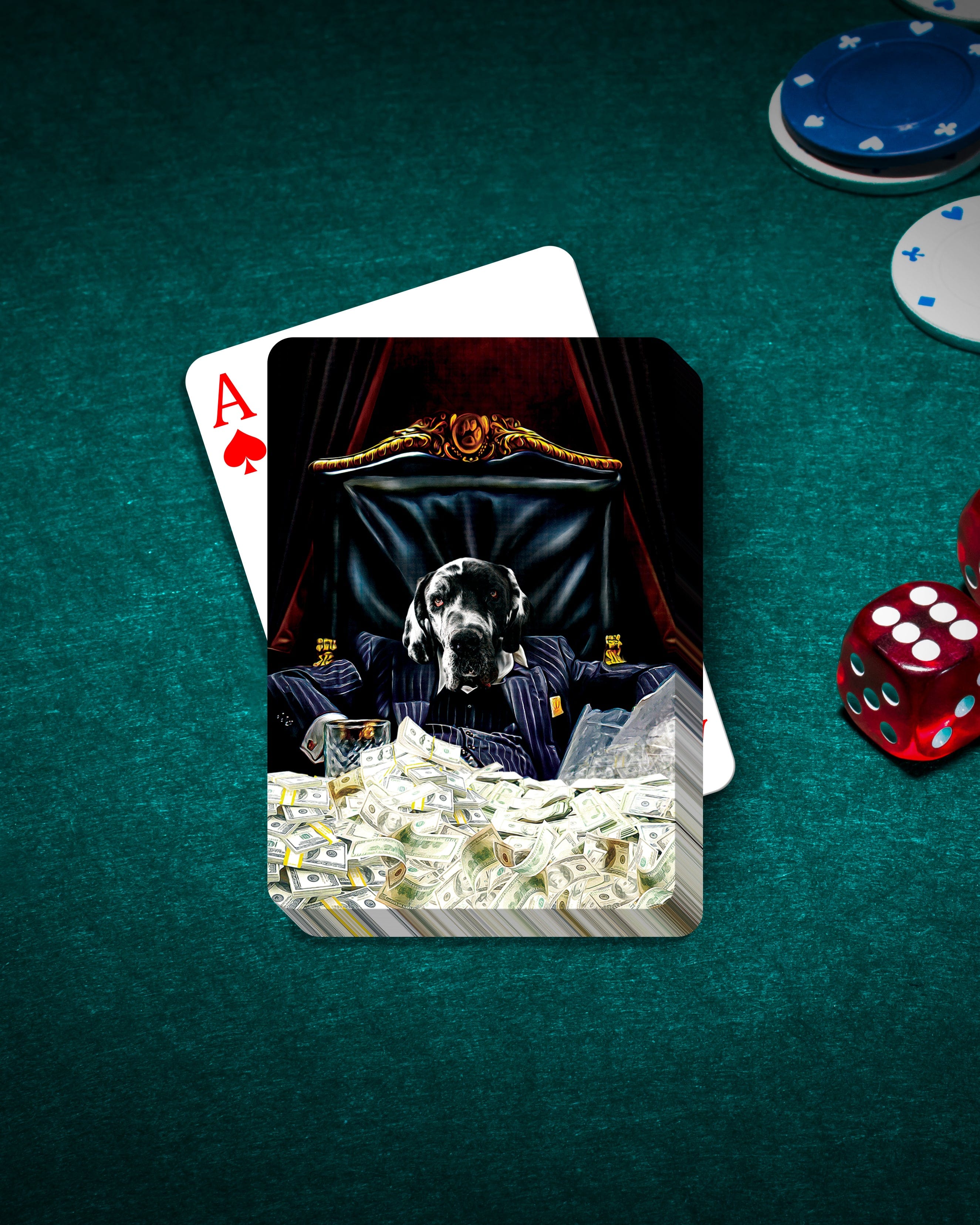 Personalized ScarPaw playing card featuring a dog in a suit on a throne with money, on a green felt table with poker chips and dice.