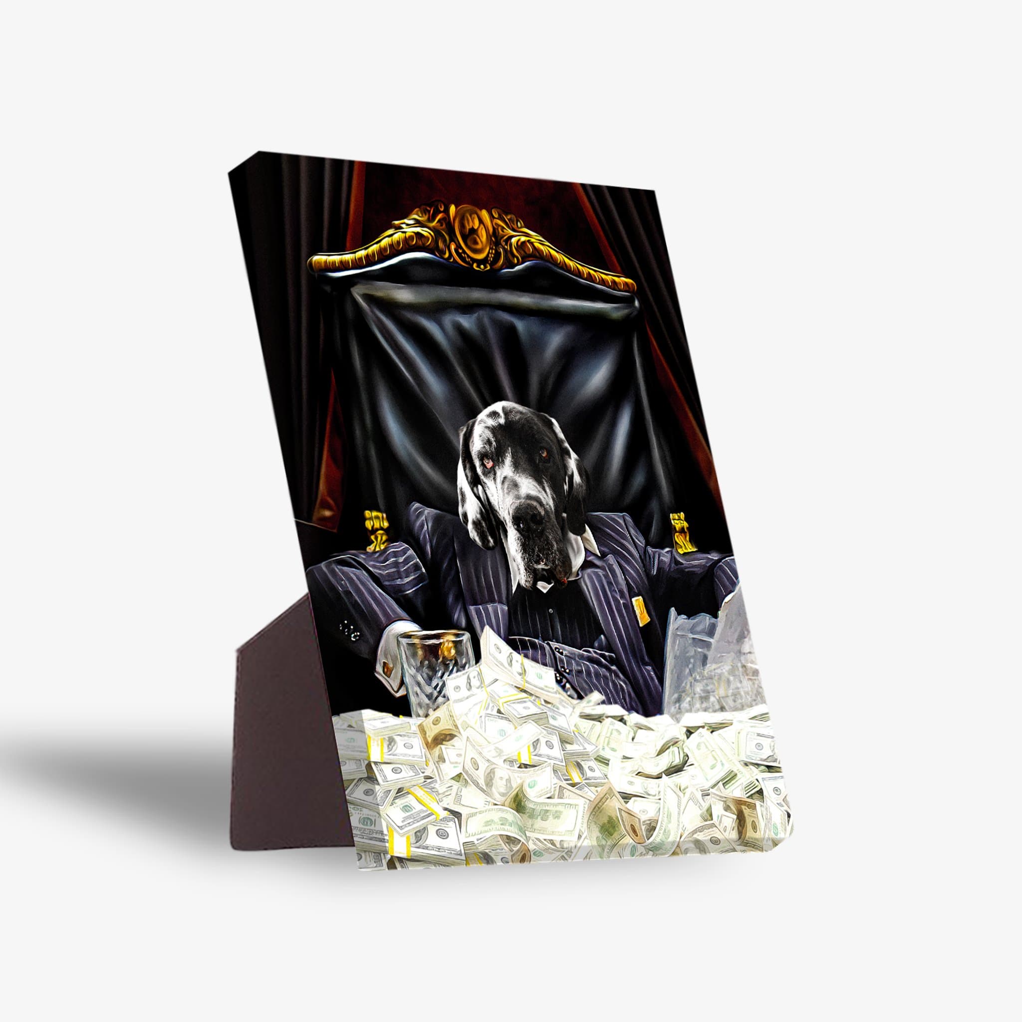 ScarPaw personalized pet standing canvas featuring a Great Dane in a pinstripe suit, seated at a desk covered in money.