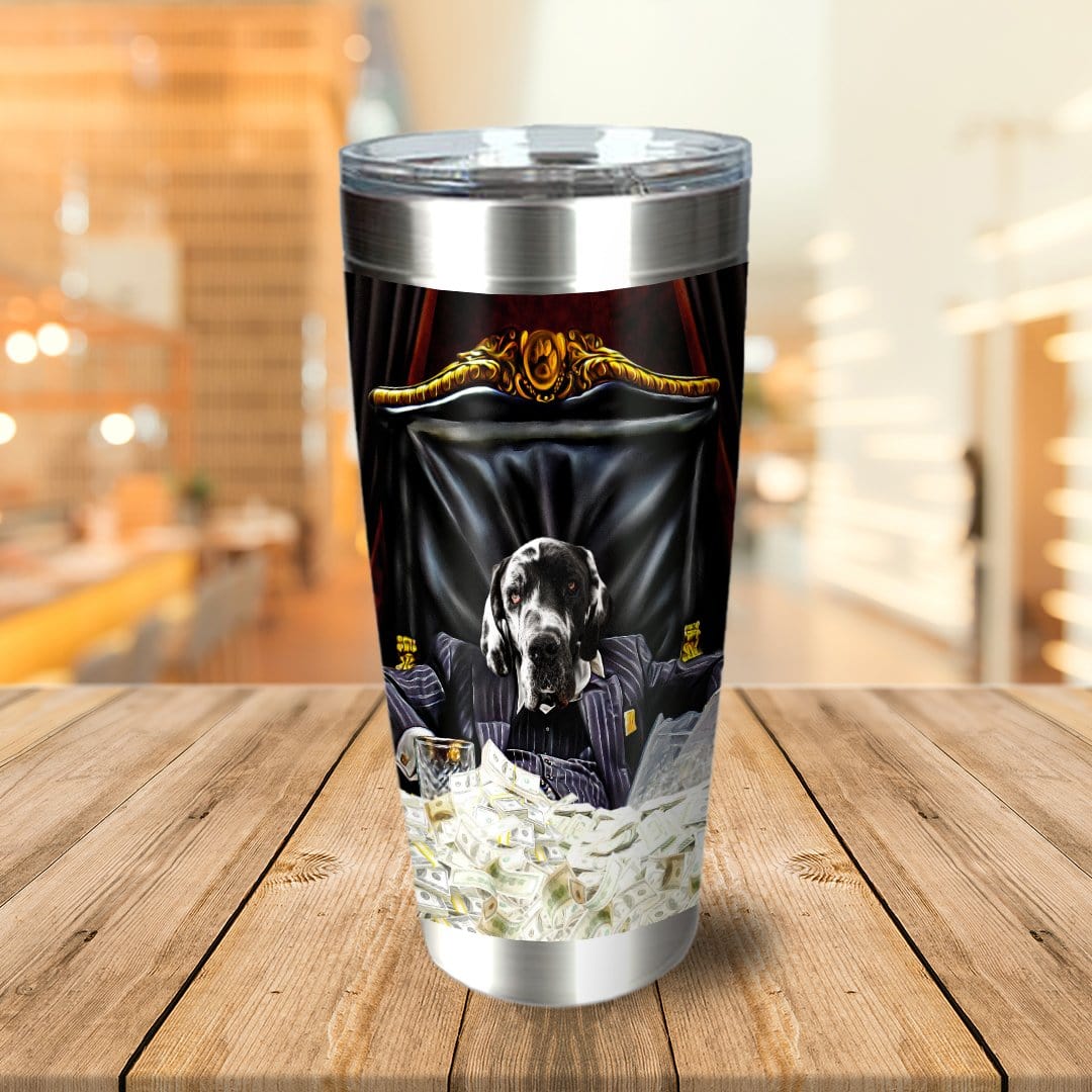 Personalized stainless steel tumbler with a custom portrait of a dog in a suit, sitting on a pile of money.