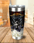 Personalized stainless steel tumbler with a custom portrait of a dog in a suit, sitting on a pile of money.