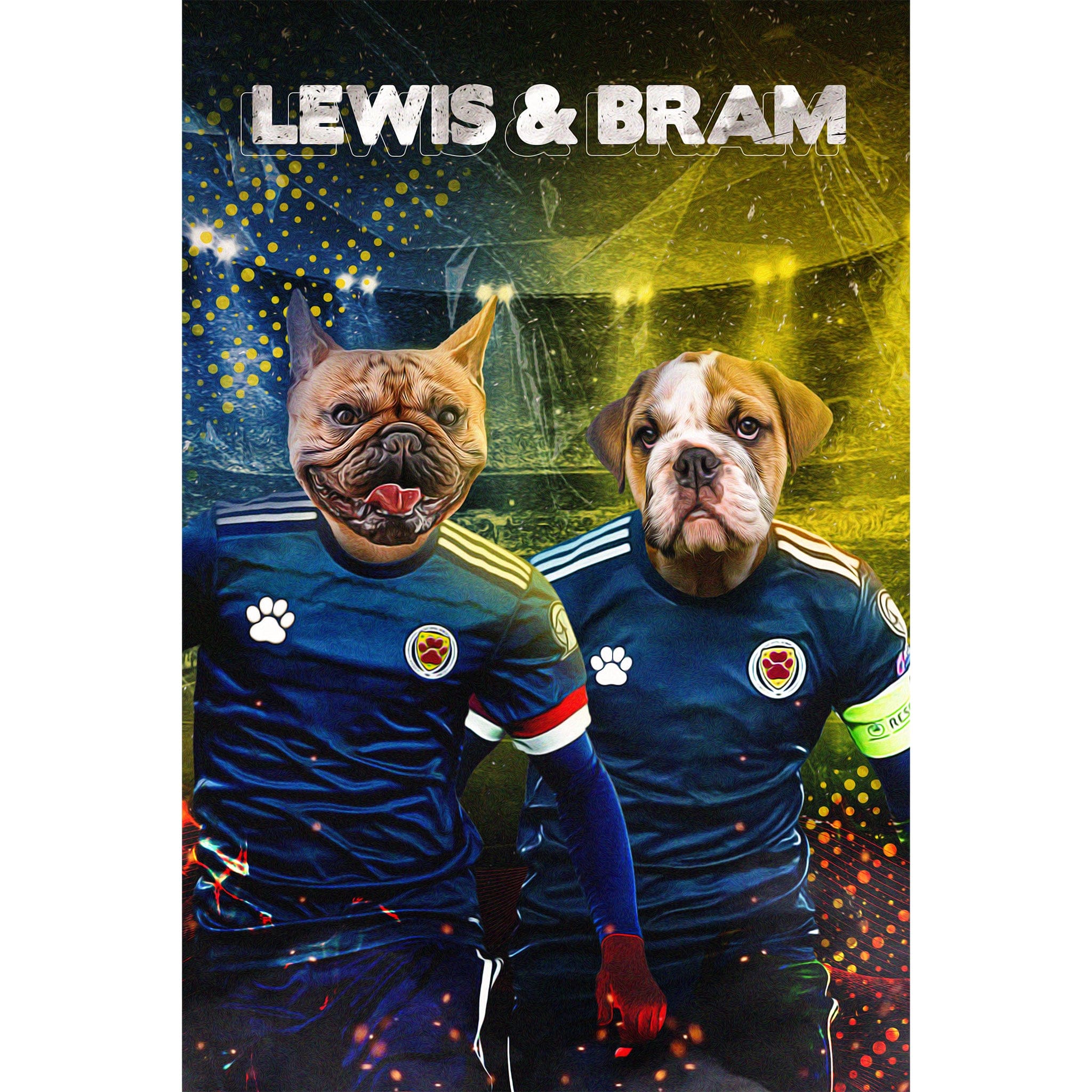 Personalized digital portrait of two dogs in Scottish football kits, named Lewis & Bram.