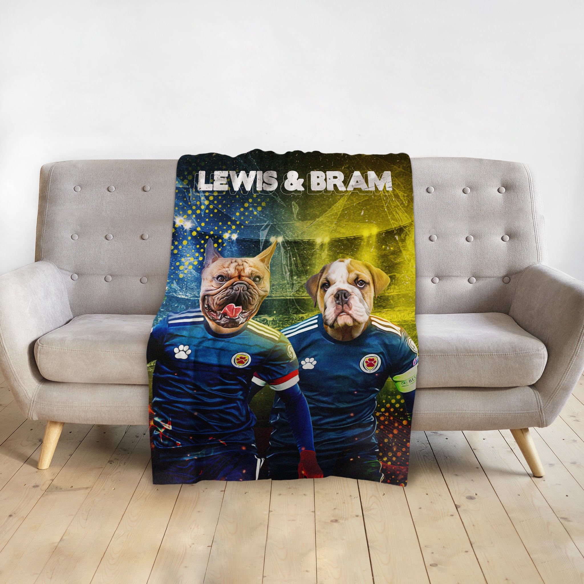 Personalized minky blanket with two dog portraits in Scottish football kits, "Lewis &amp; Bram" text.