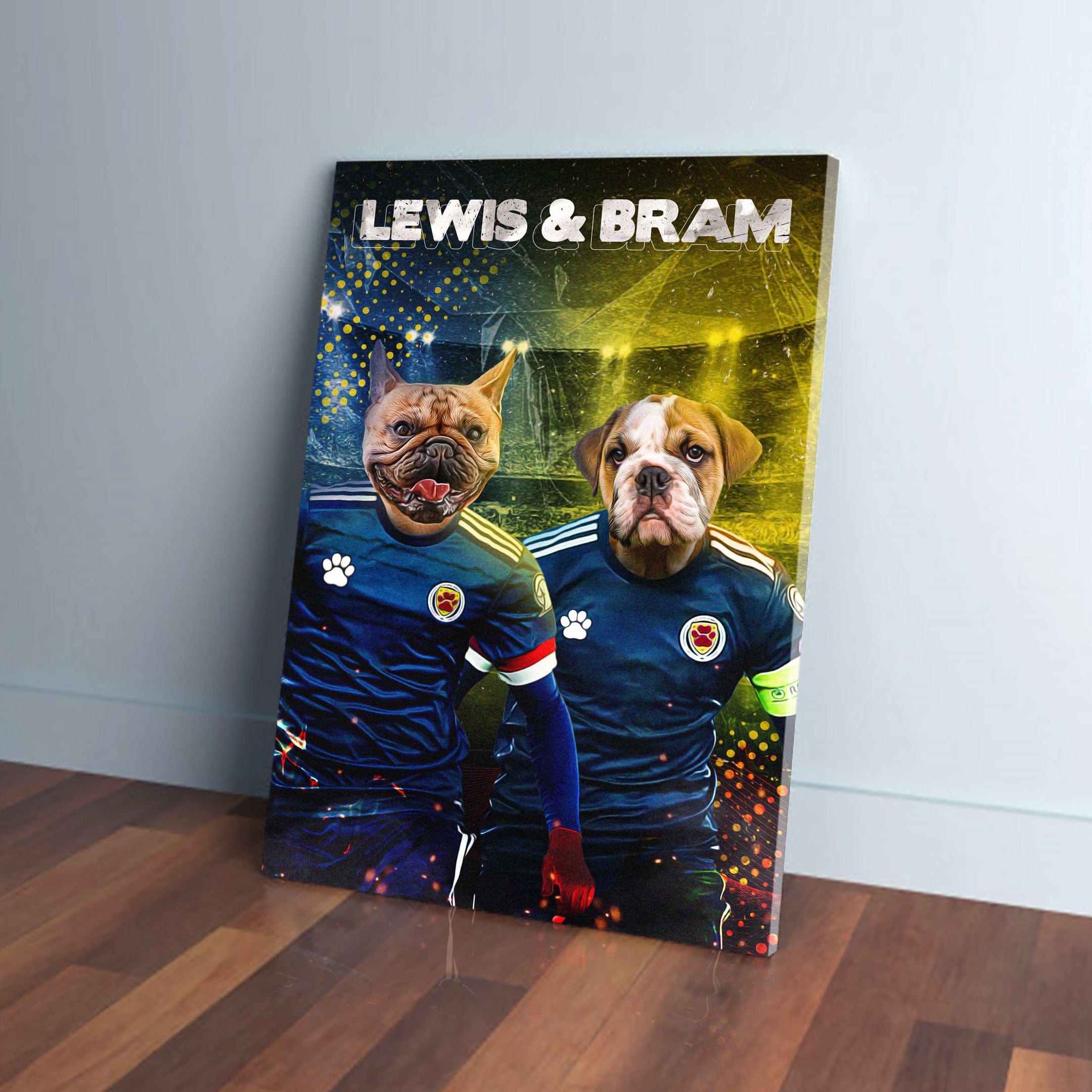 Personalized 'Scotland Doggos' canvas featuring two pets in blue football kits with names "LEWIS & BRAM".