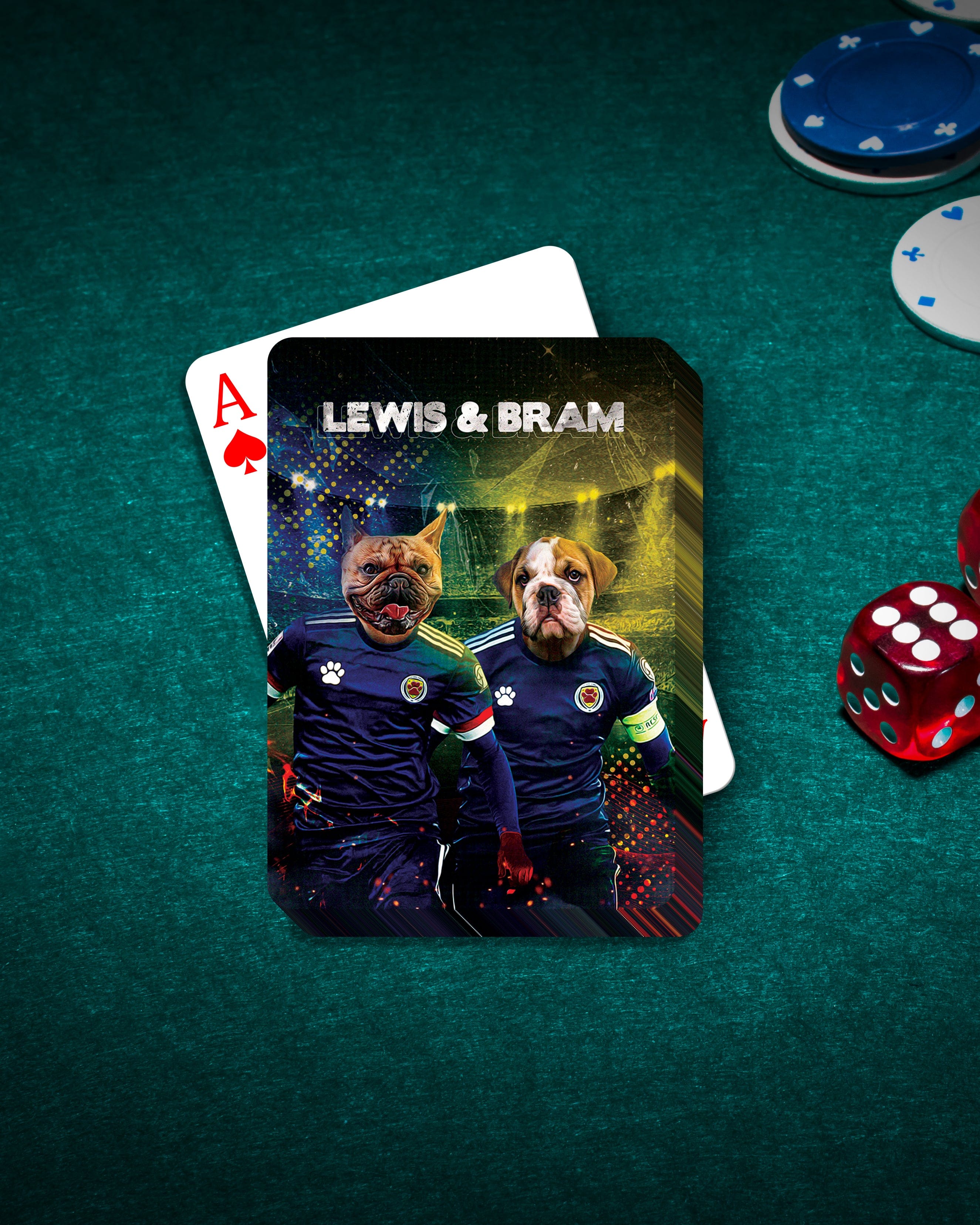 Personalized playing cards featuring two custom dog portraits in soccer uniforms on a green poker table.