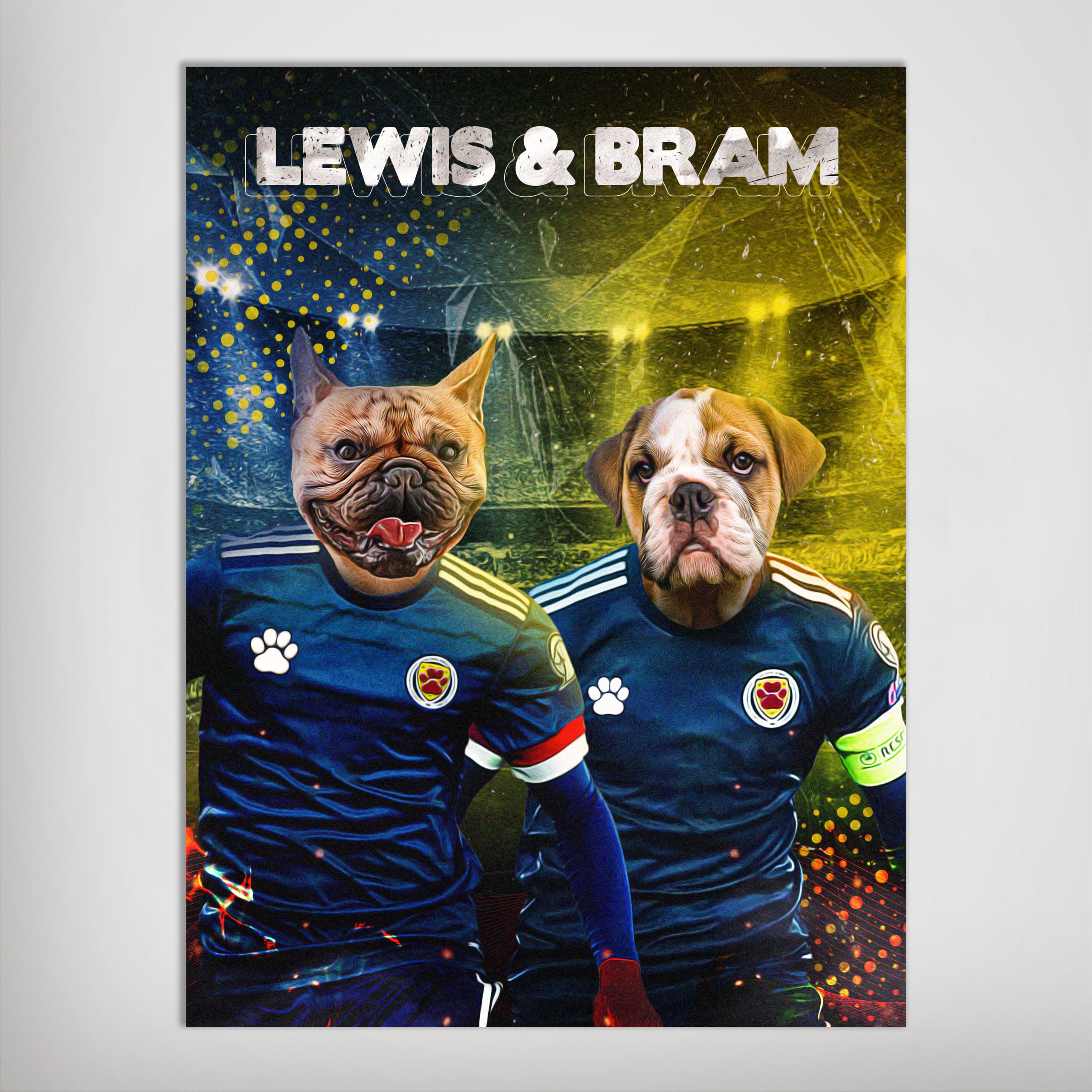 Personalized 'Scotland Doggos' poster featuring two pets in blue soccer jerseys with names Lewis & Bram.