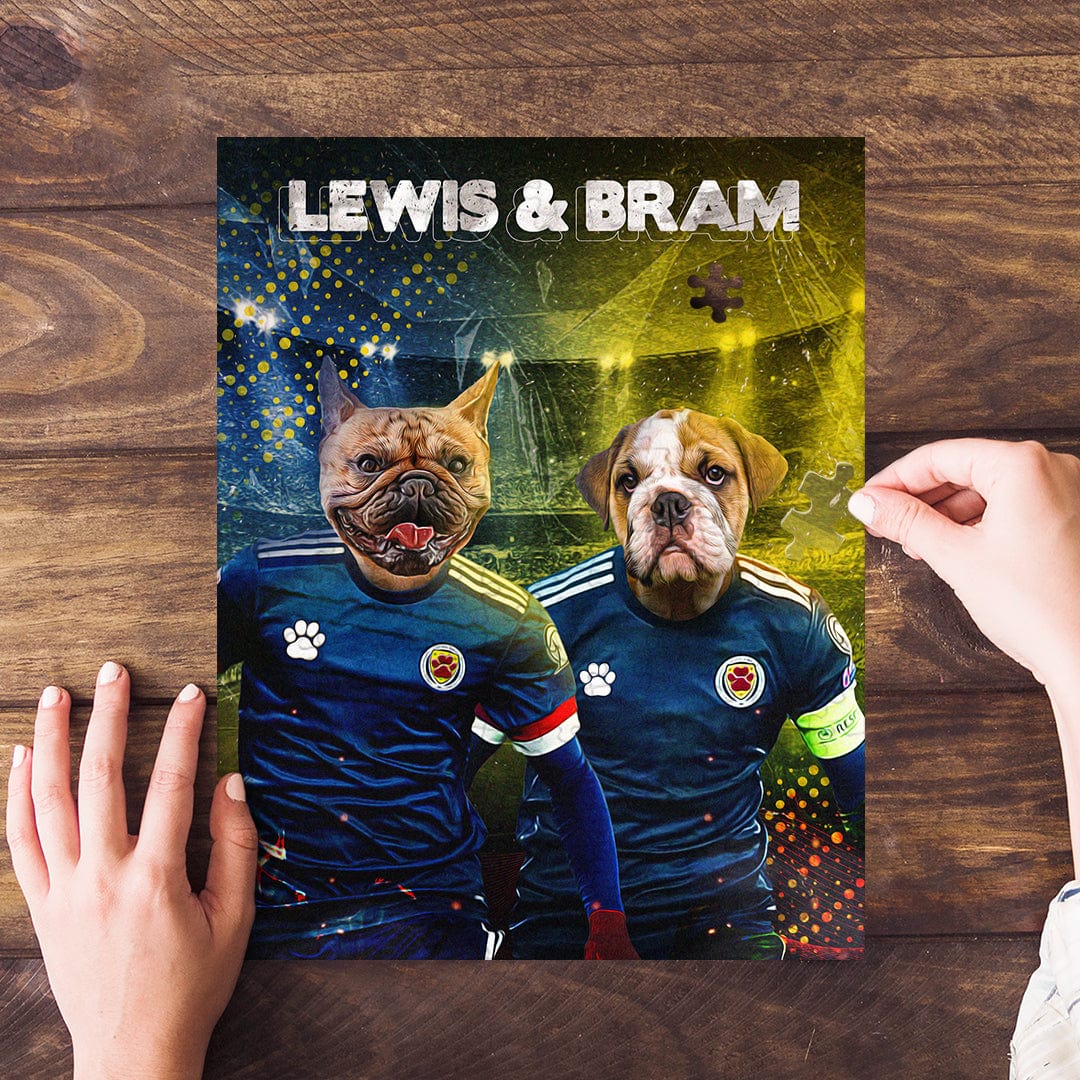 Personalized 2 pet puzzle featuring dogs in Scotland soccer uniforms with names "Lewis & Bram".